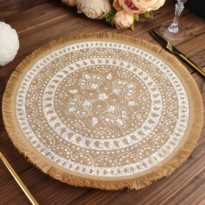 4-Pack Placemats Fringe Print Design Natural Jute and White Round - Rustic Burlap Woven Style 15"