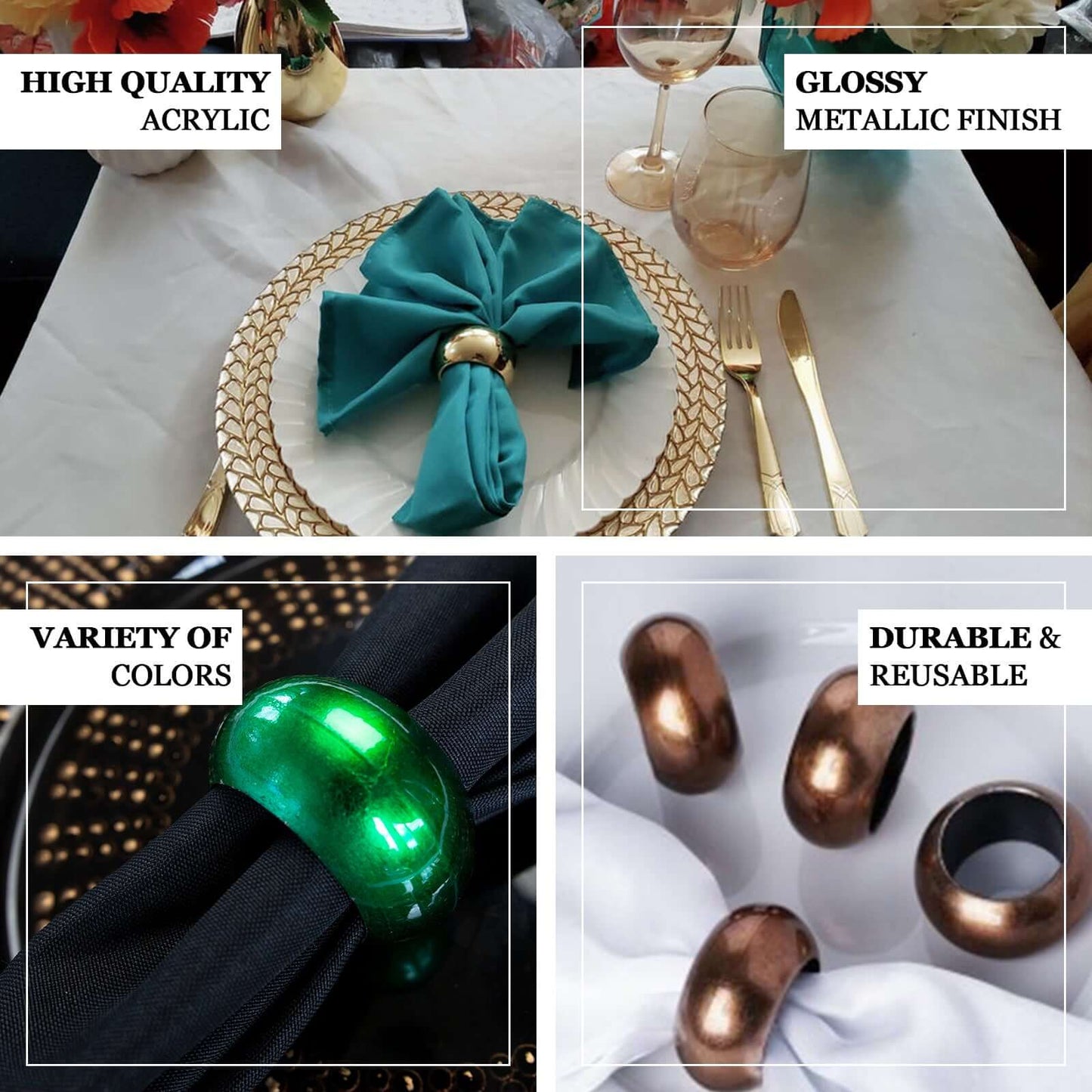 4 Pack Shiny Metallic Gold Acrylic Napkin Rings - Linen Luxes