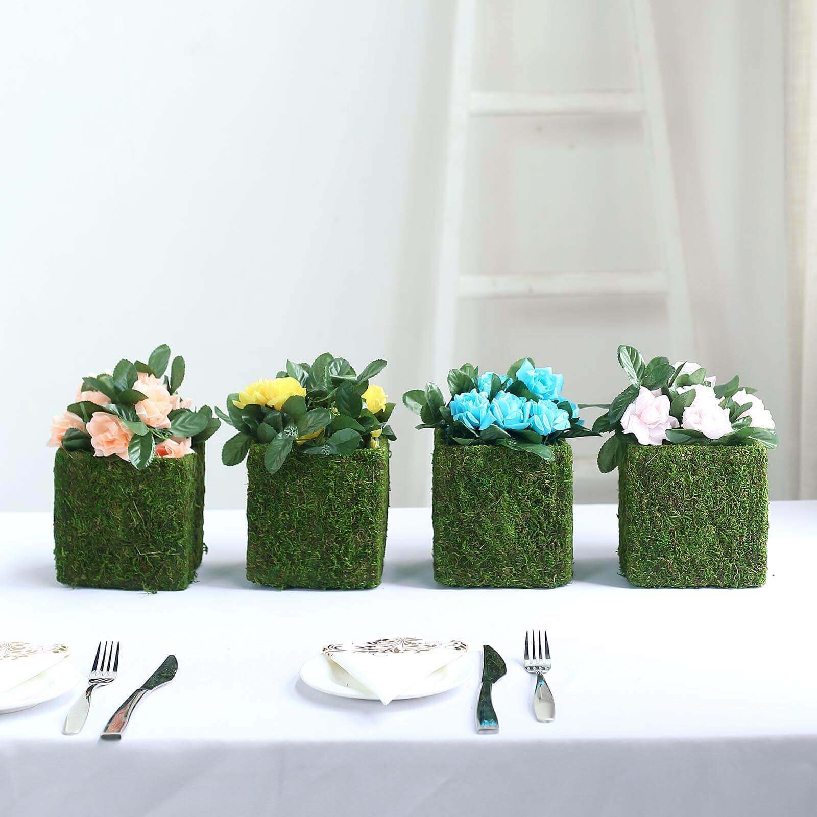 4 - Pack Square Planter Boxes Covered with Inner Lining Green Preserved Moss - Flower Basket Centerpieces 6" - Linen Luxes