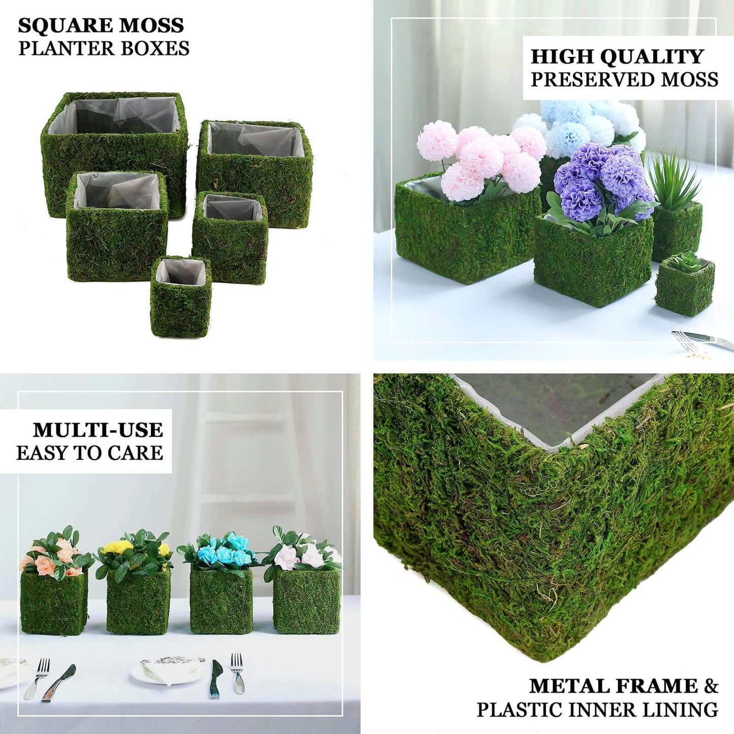 4 - Pack Square Planter Boxes Covered with Inner Lining Green Preserved Moss - Flower Basket Centerpieces 6" - Linen Luxes