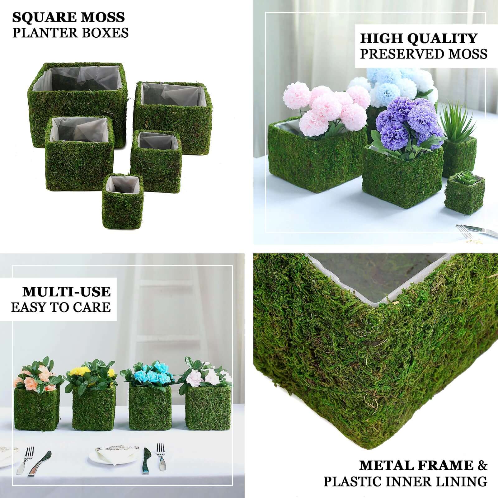 4 - Pack Square Planter Boxes Covered with Inner Lining Green Preserved Moss - Flower Basket Centerpieces 6" - Linen Luxes