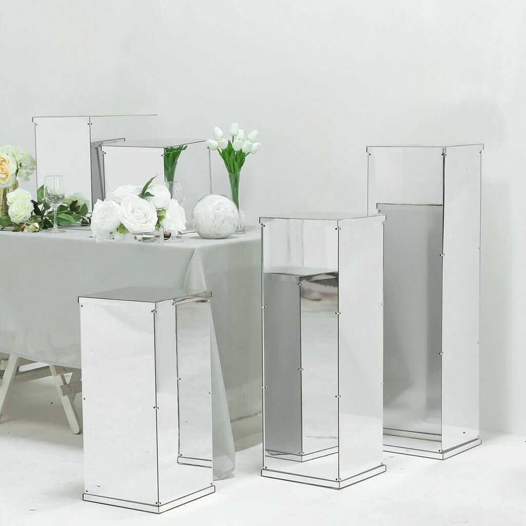40" Floor Standing Silver Mirror Finish Acrylic Display Box, Pedestal Riser with Interchangeable Lid and Base - Linen Luxes