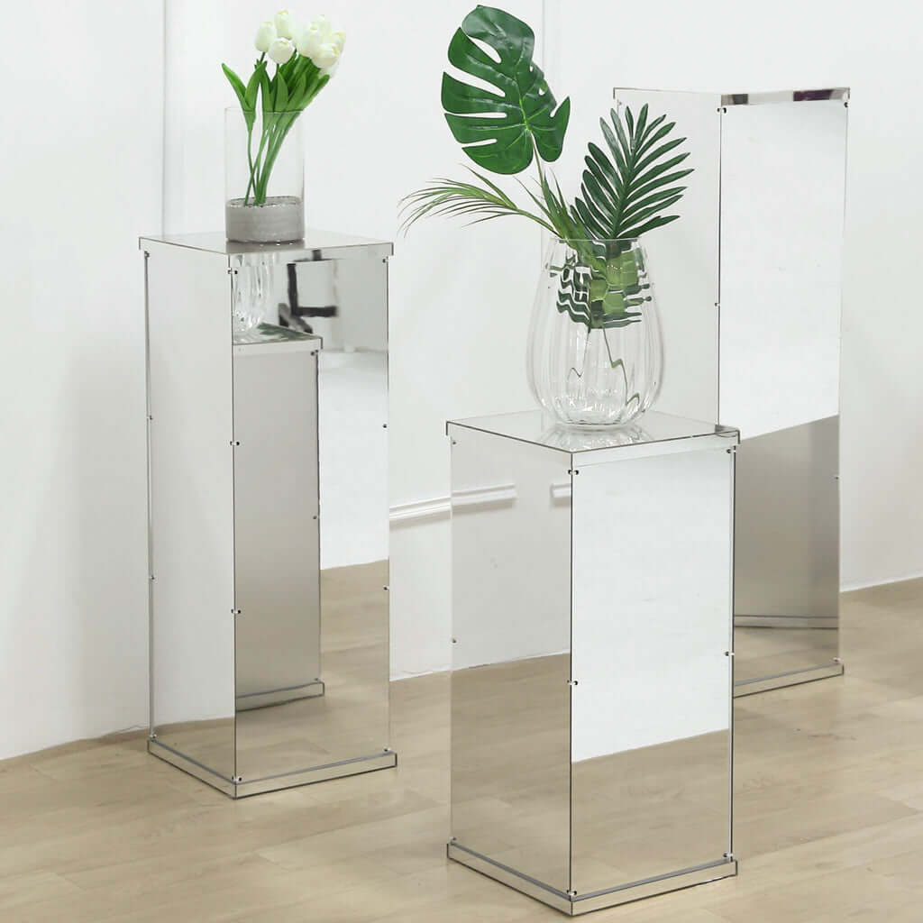 40" Floor Standing Silver Mirror Finish Acrylic Display Box, Pedestal Riser with Interchangeable Lid and Base - Linen Luxes