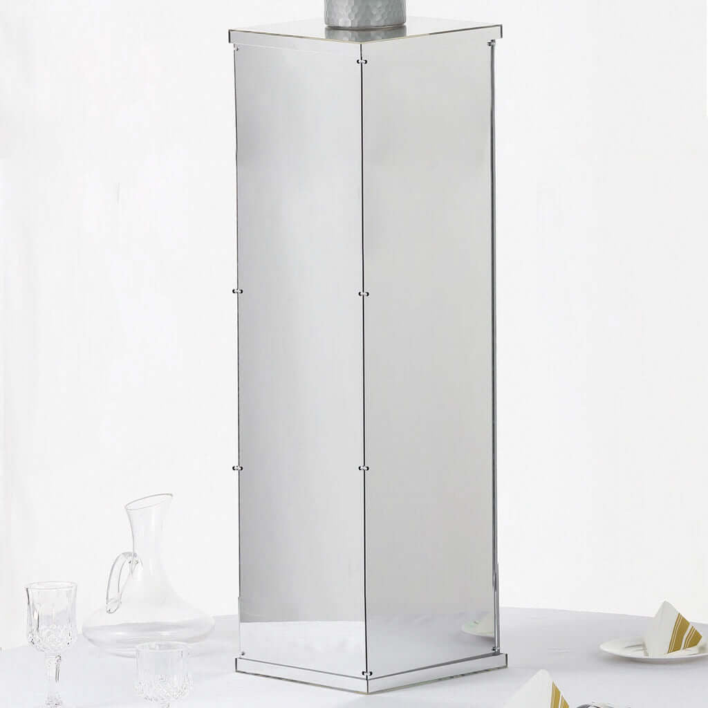40" Floor Standing Silver Mirror Finish Acrylic Display Box, Pedestal Riser with Interchangeable Lid and Base - Linen Luxes