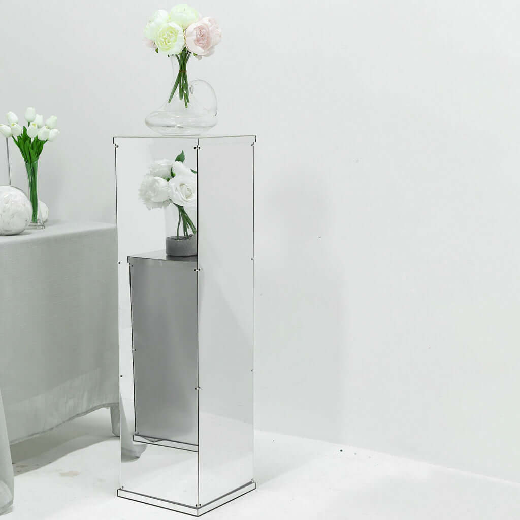 40" Floor Standing Silver Mirror Finish Acrylic Display Box, Pedestal Riser with Interchangeable Lid and Base - Linen Luxes