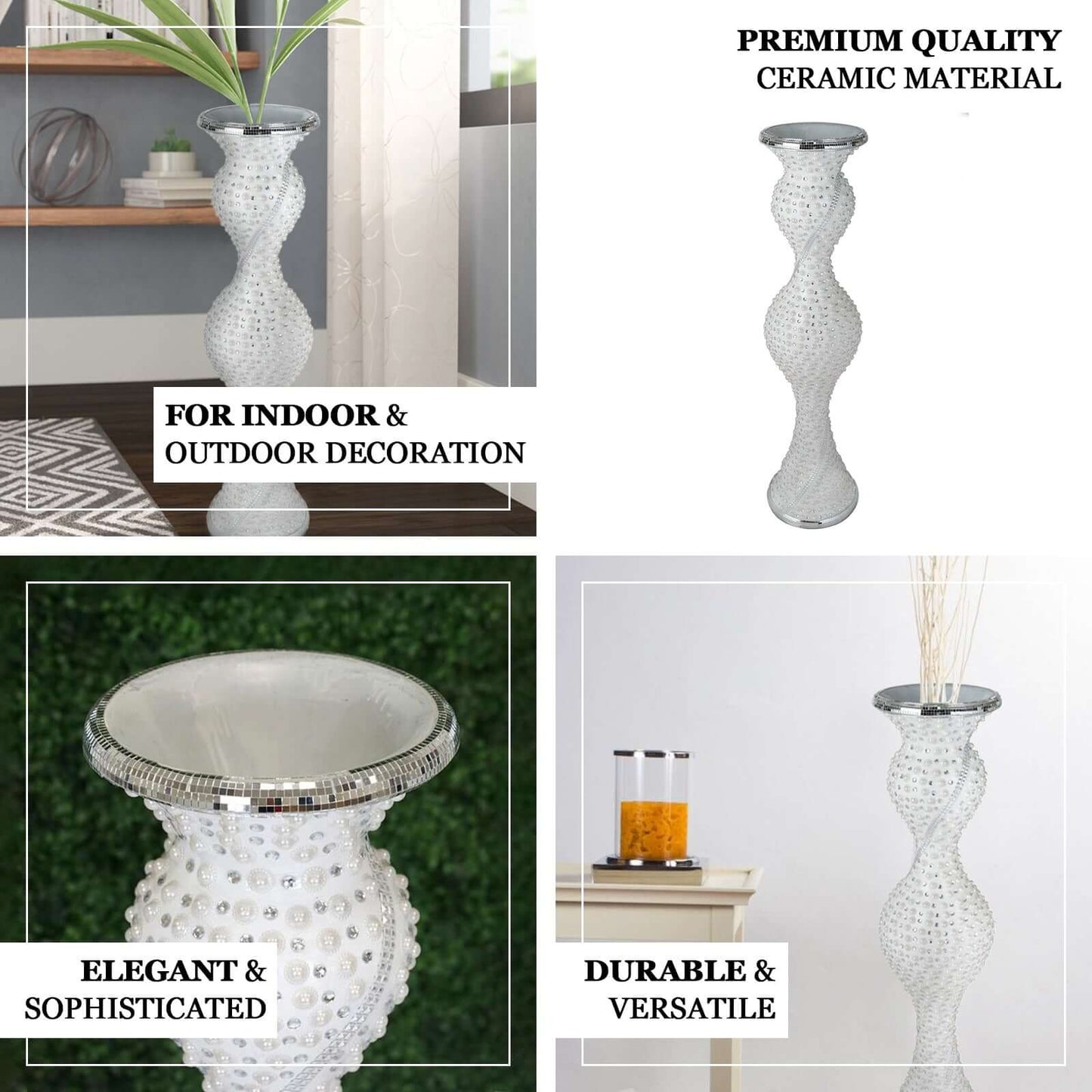 40" Magical Mermaid Style Mirror Mosaic and Pearl Studded Floor Vase - Linen Luxes