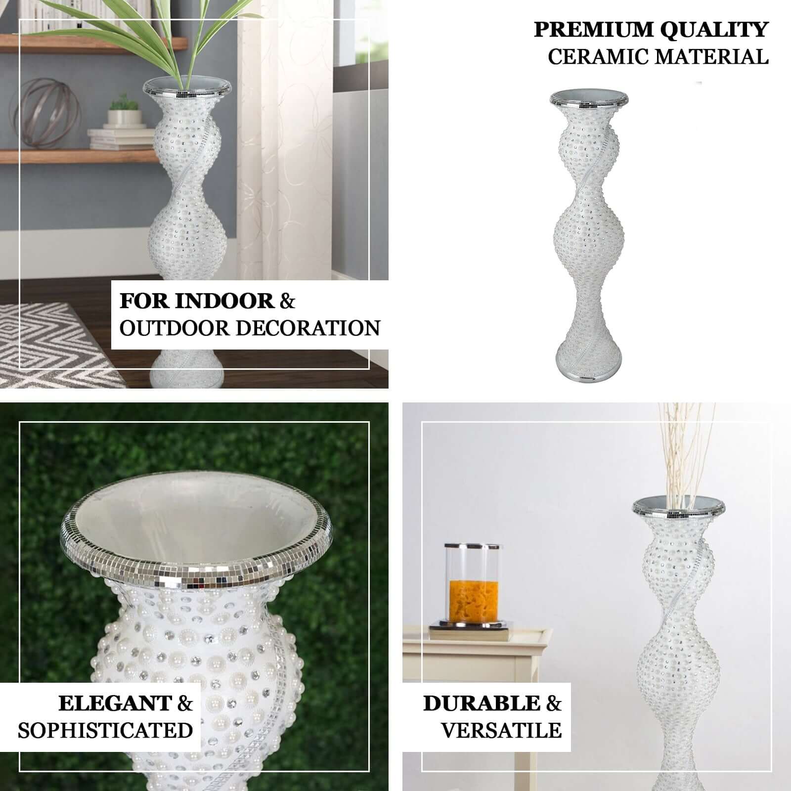 40" Magical Mermaid Style Mirror Mosaic and Pearl Studded Floor Vase - Linen Luxes