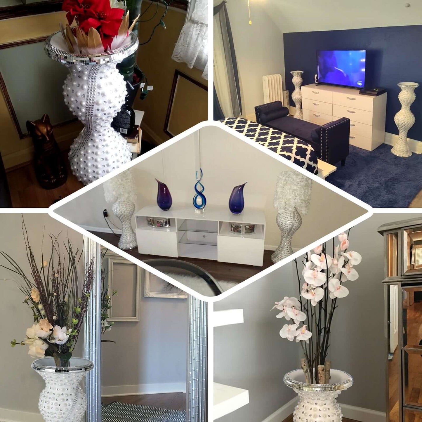 40" Magical Mermaid Style Mirror Mosaic and Pearl Studded Floor Vase - Linen Luxes