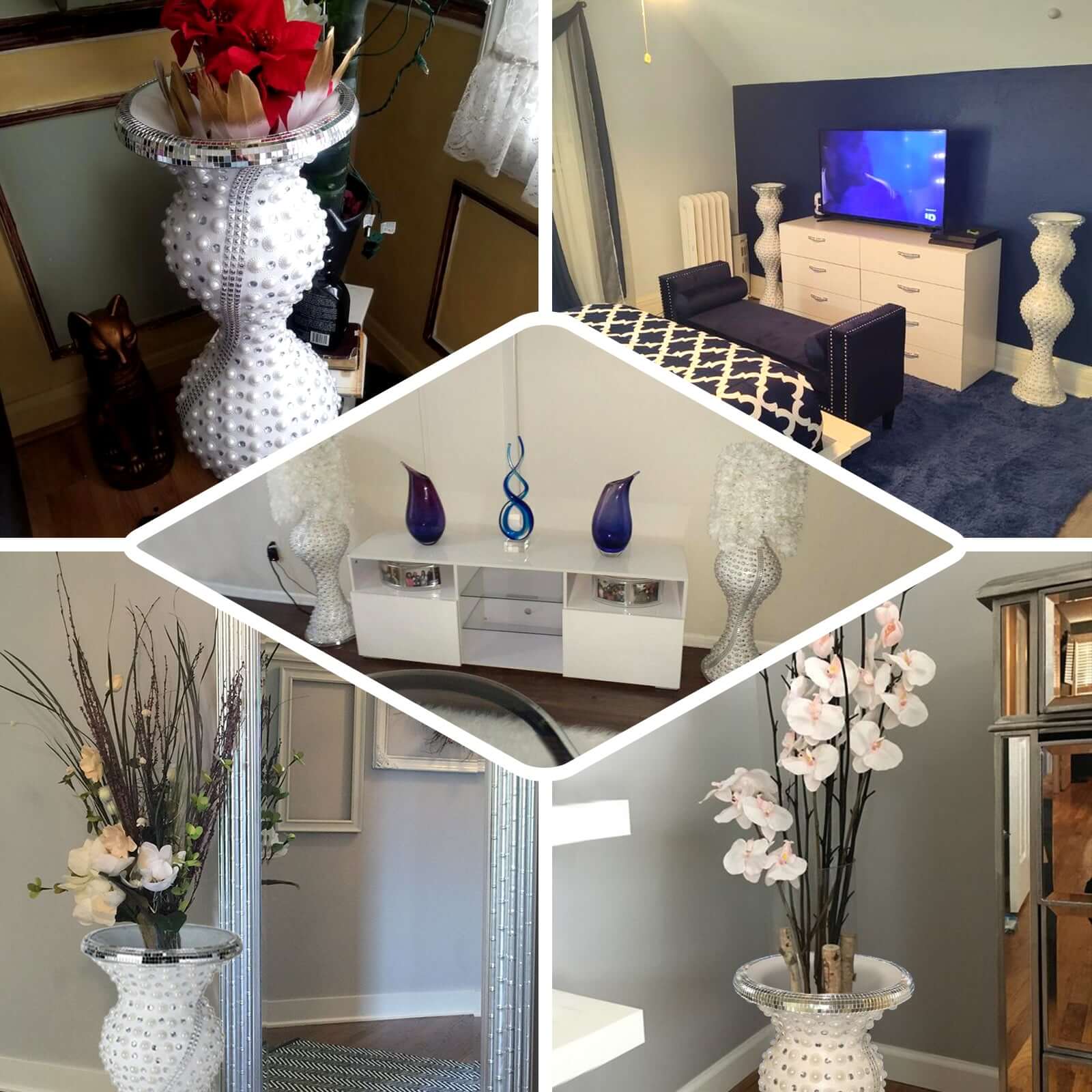 40" Magical Mermaid Style Mirror Mosaic and Pearl Studded Floor Vase - Linen Luxes