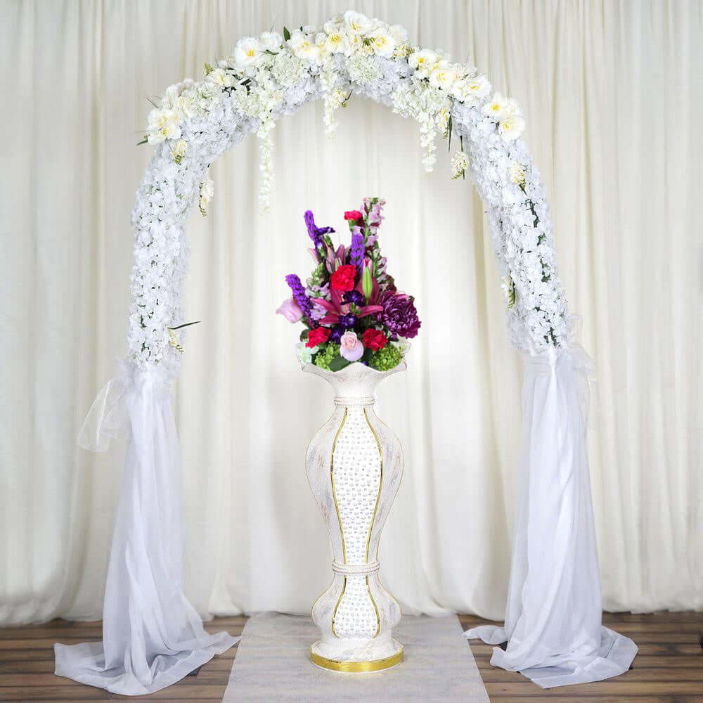 40" Shimmering Gold Glittered Marble Design Flower Pot Vase With Pearls and Mirror Mosaic Embellishment - Linen Luxes