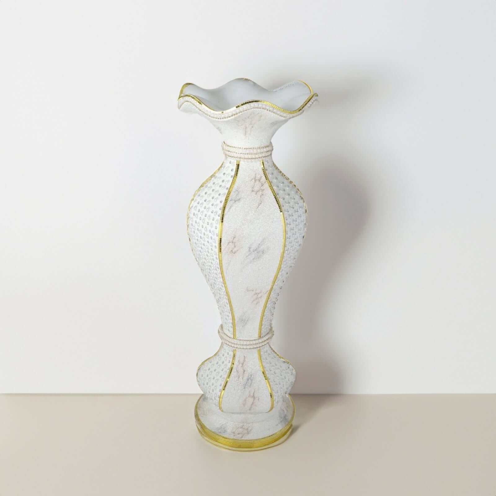 40" Shimmering Gold Glittered Marble Design Flower Pot Vase With Pearls and Mirror Mosaic Embellishment - Linen Luxes