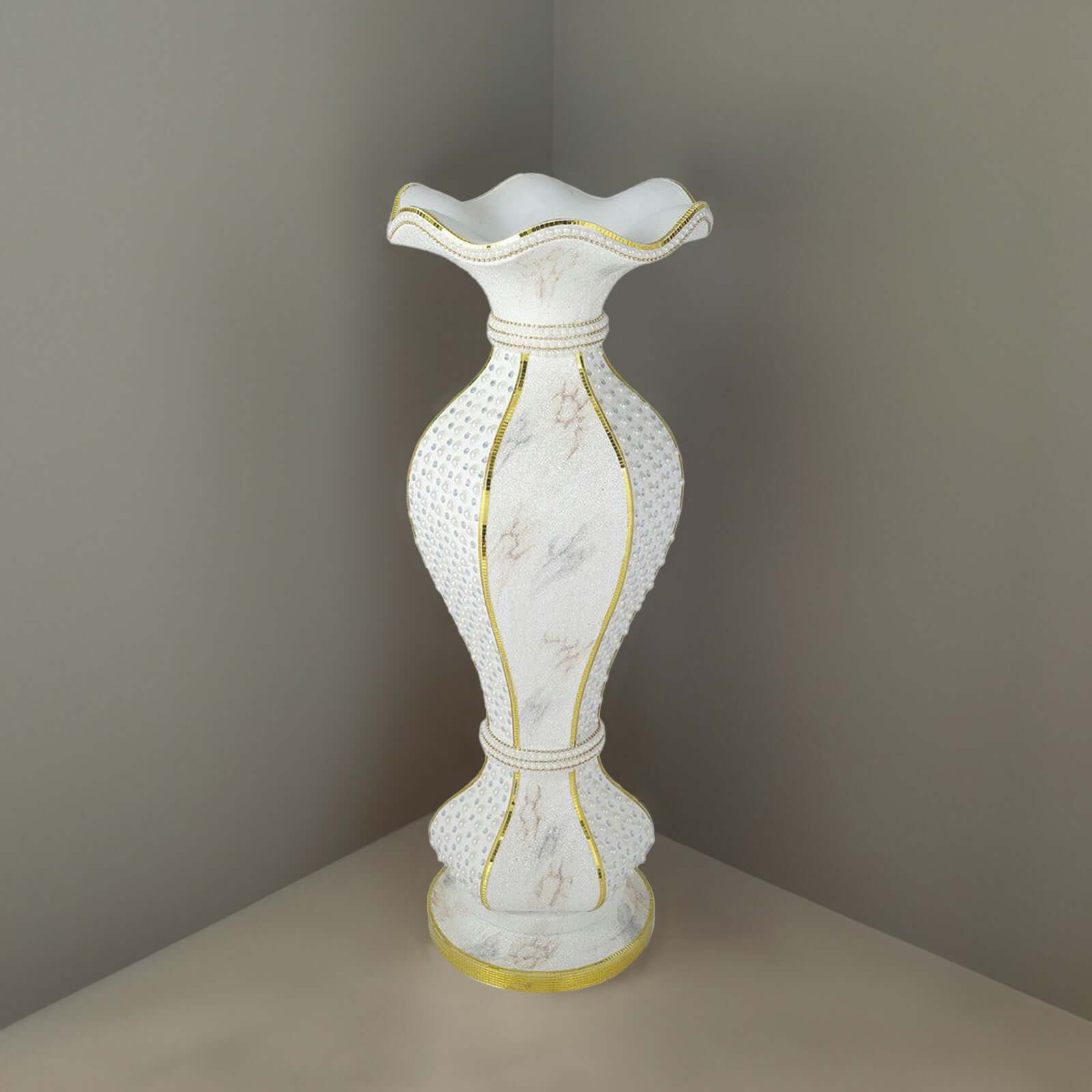 40" Shimmering Gold Glittered Marble Design Flower Pot Vase With Pearls and Mirror Mosaic Embellishment - Linen Luxes