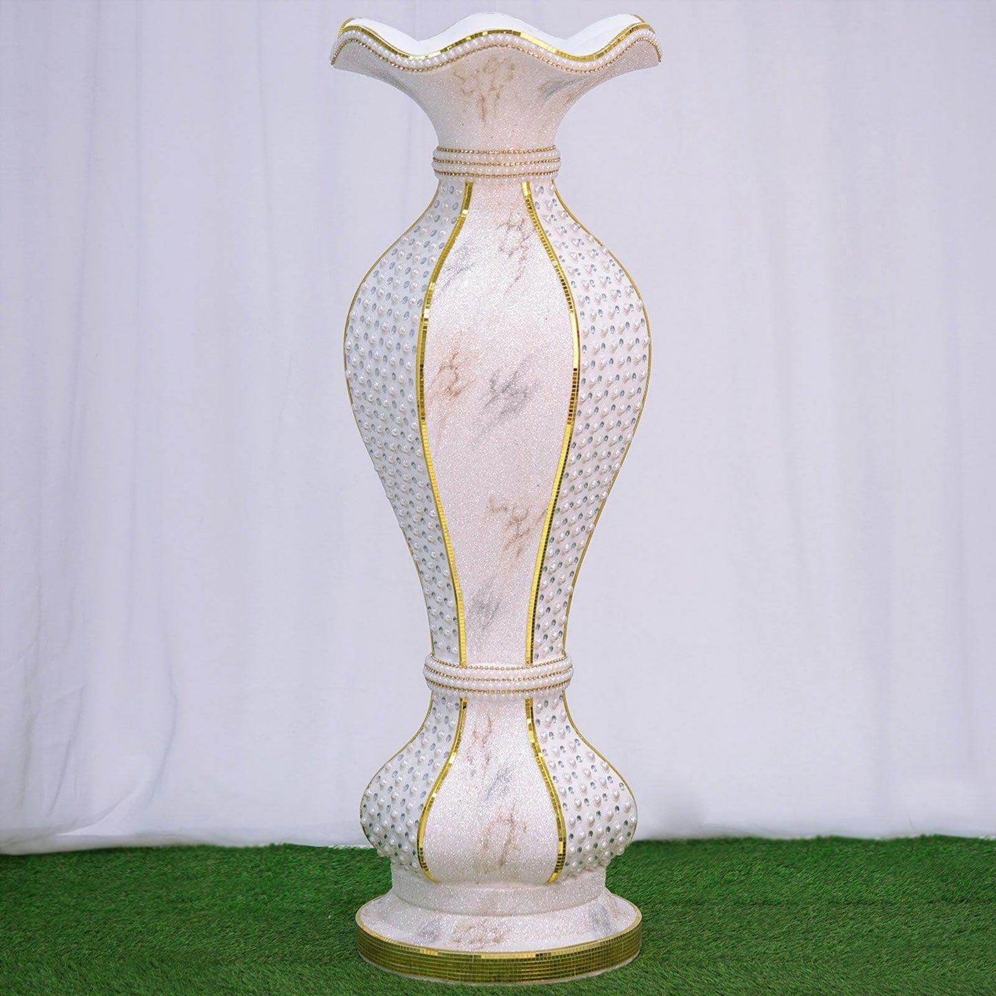 40" Shimmering Gold Glittered Marble Design Flower Pot Vase With Pearls and Mirror Mosaic Embellishment - Linen Luxes