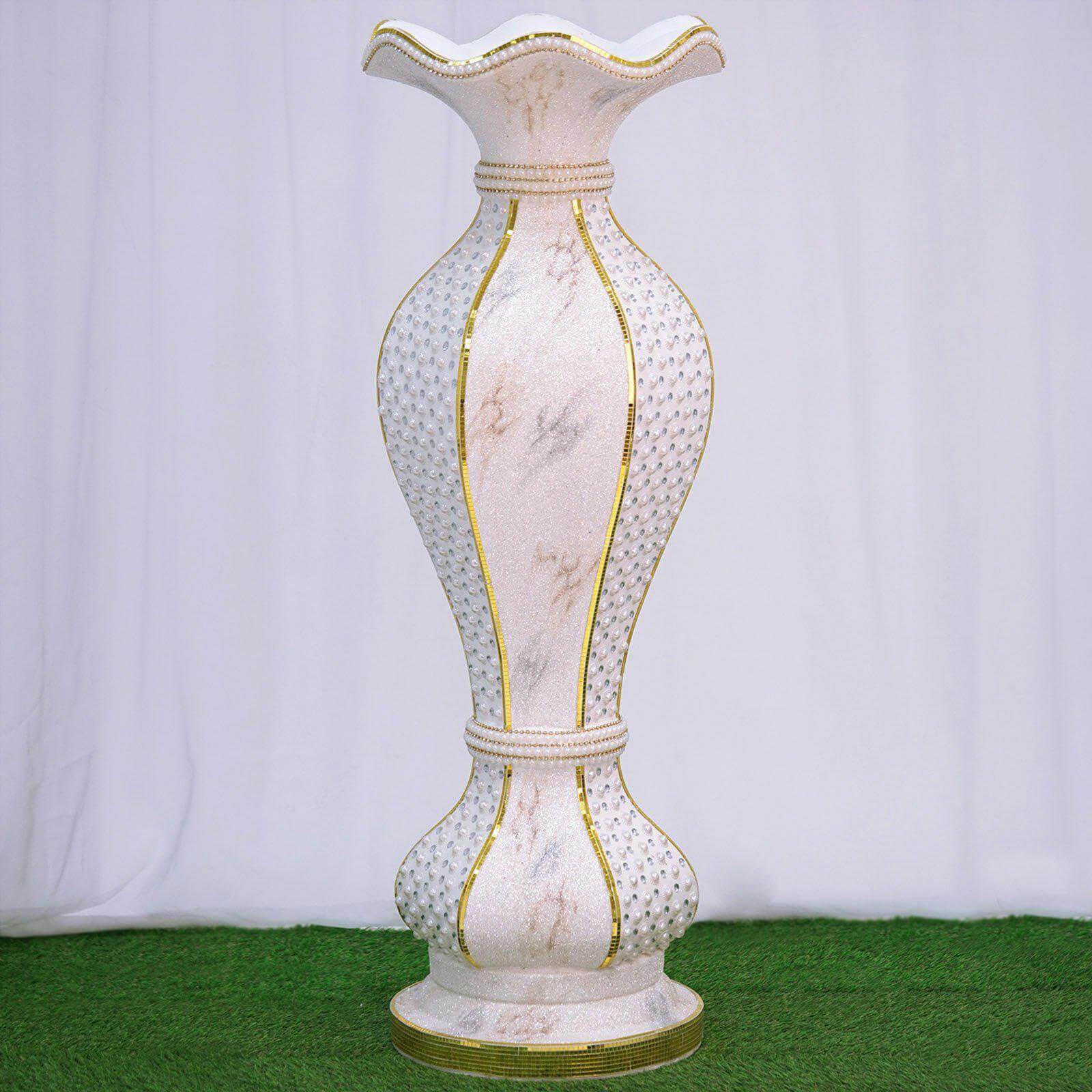 40" Shimmering Gold Glittered Marble Design Flower Pot Vase With Pearls and Mirror Mosaic Embellishment - Linen Luxes