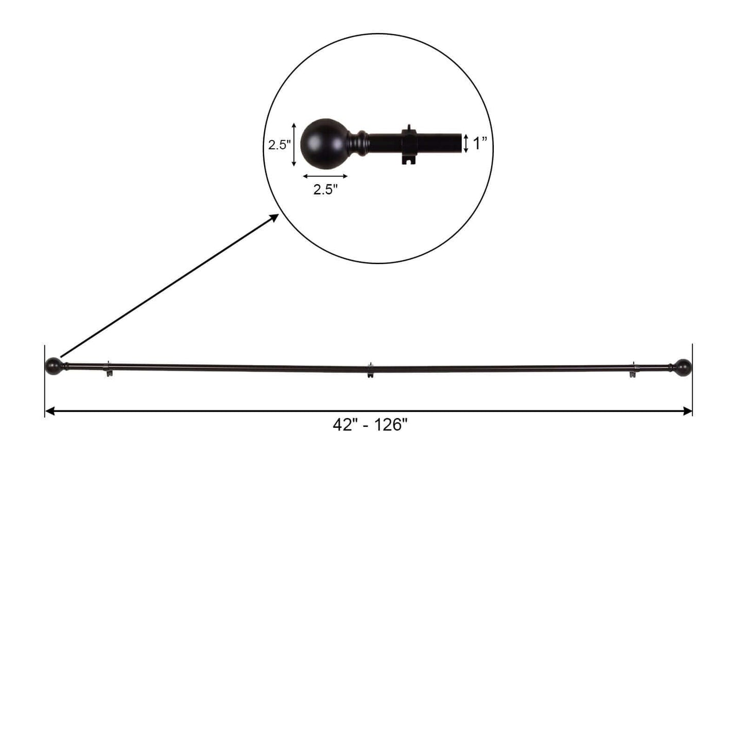 42" - 126" Adjustable Curtain Rod Set, Bronze, Round Finials - Linen Luxes