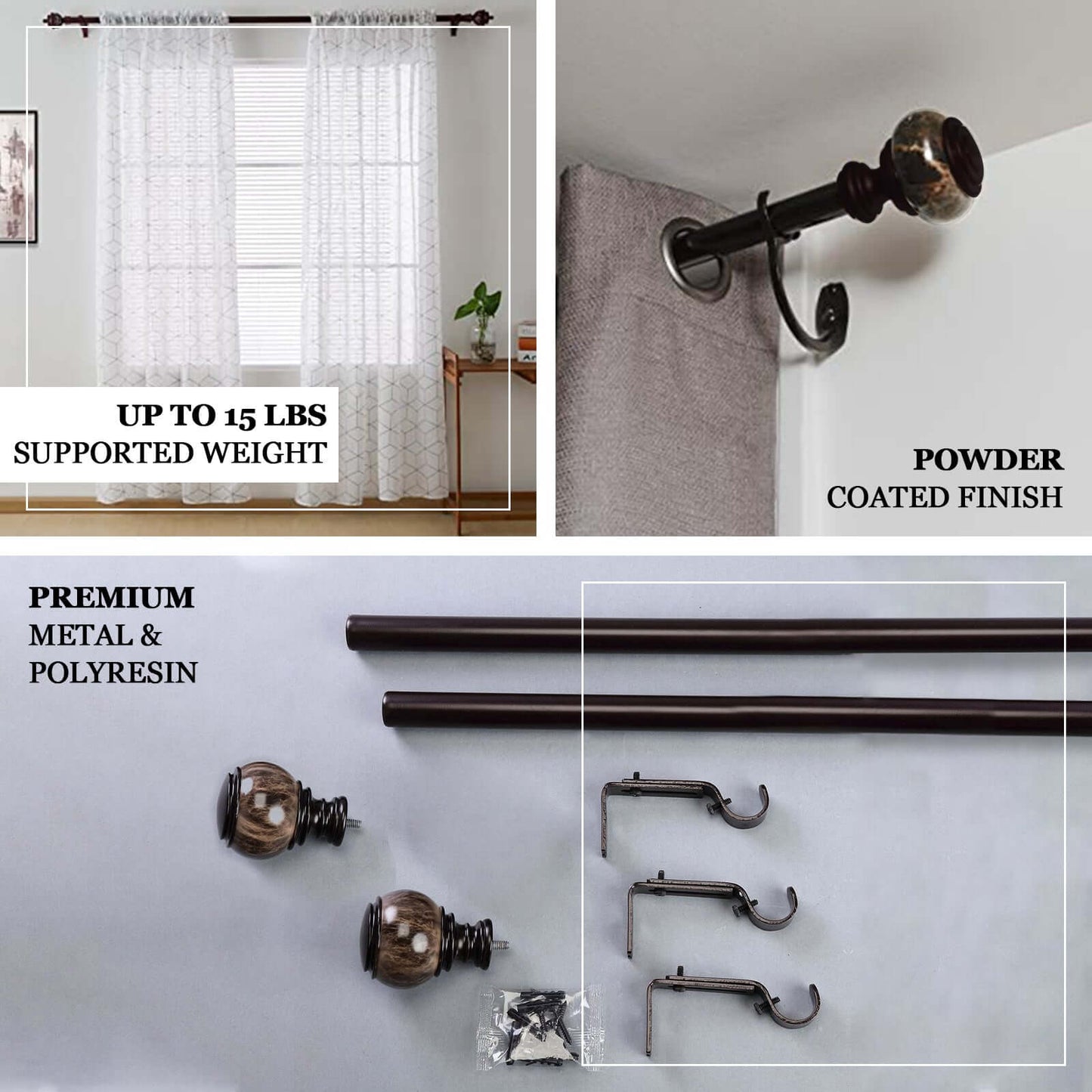 42" - 126" Adjustable Curtain Rod Set, Chocolate Brown, Marble Finials - Linen Luxes