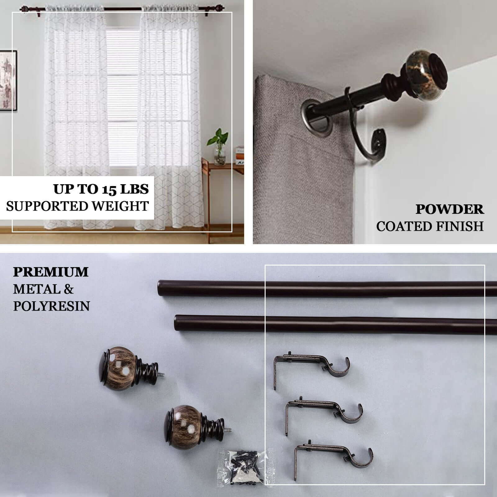 42" - 126" Adjustable Curtain Rod Set, Chocolate Brown, Marble Finials - Linen Luxes