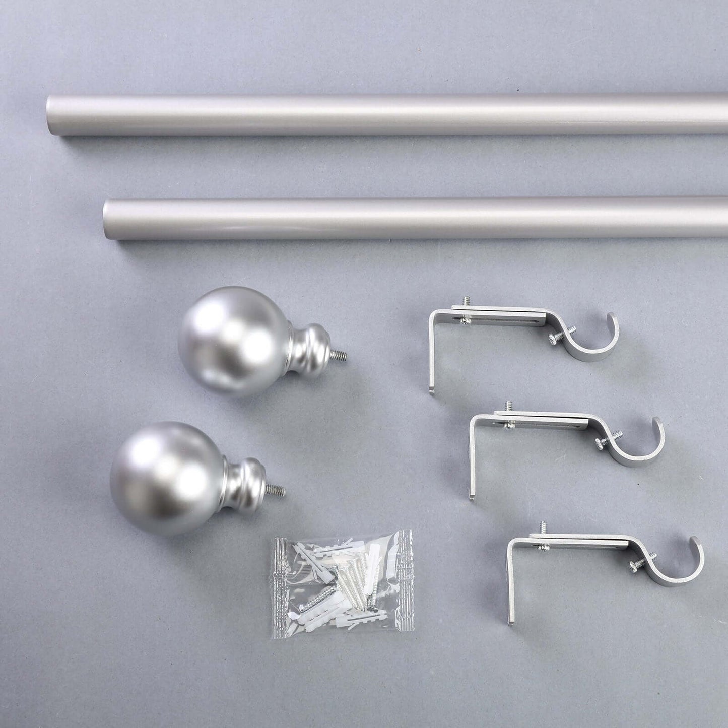 42" - 126" Adjustable Curtain Rod Set, Silver, Round Finials - Linen Luxes