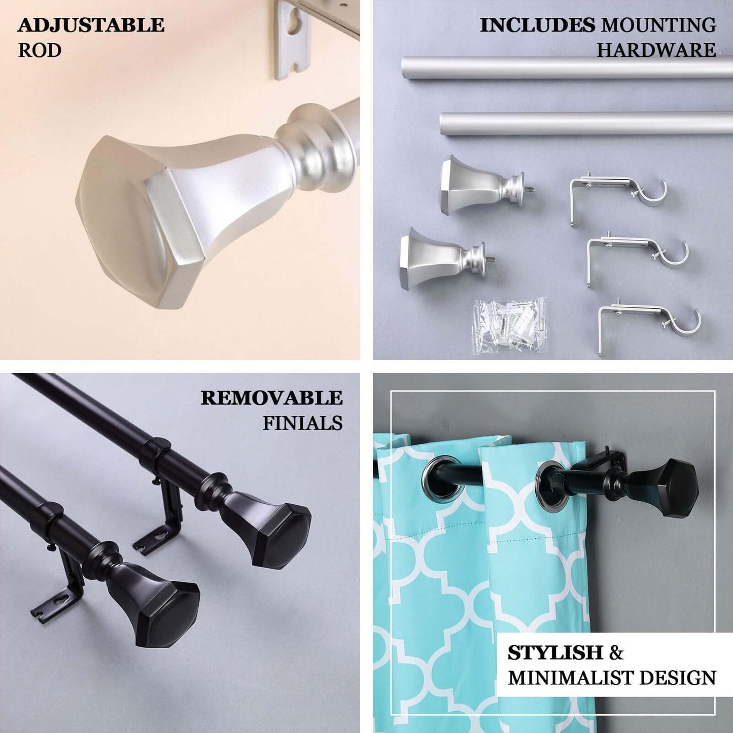 42" - 126" Adjustable Curtain Rod Set, Silver, Teardrop Finials - Linen Luxes