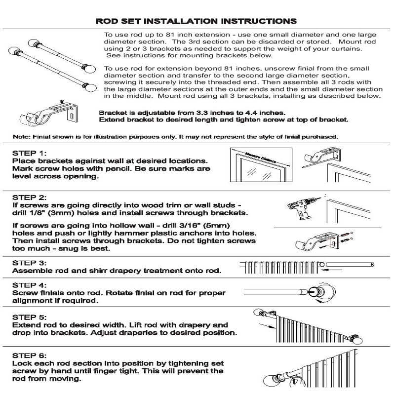 42" - 126" Adjustable Curtain Rod Sets, Black, Round Finials - Linen Luxes