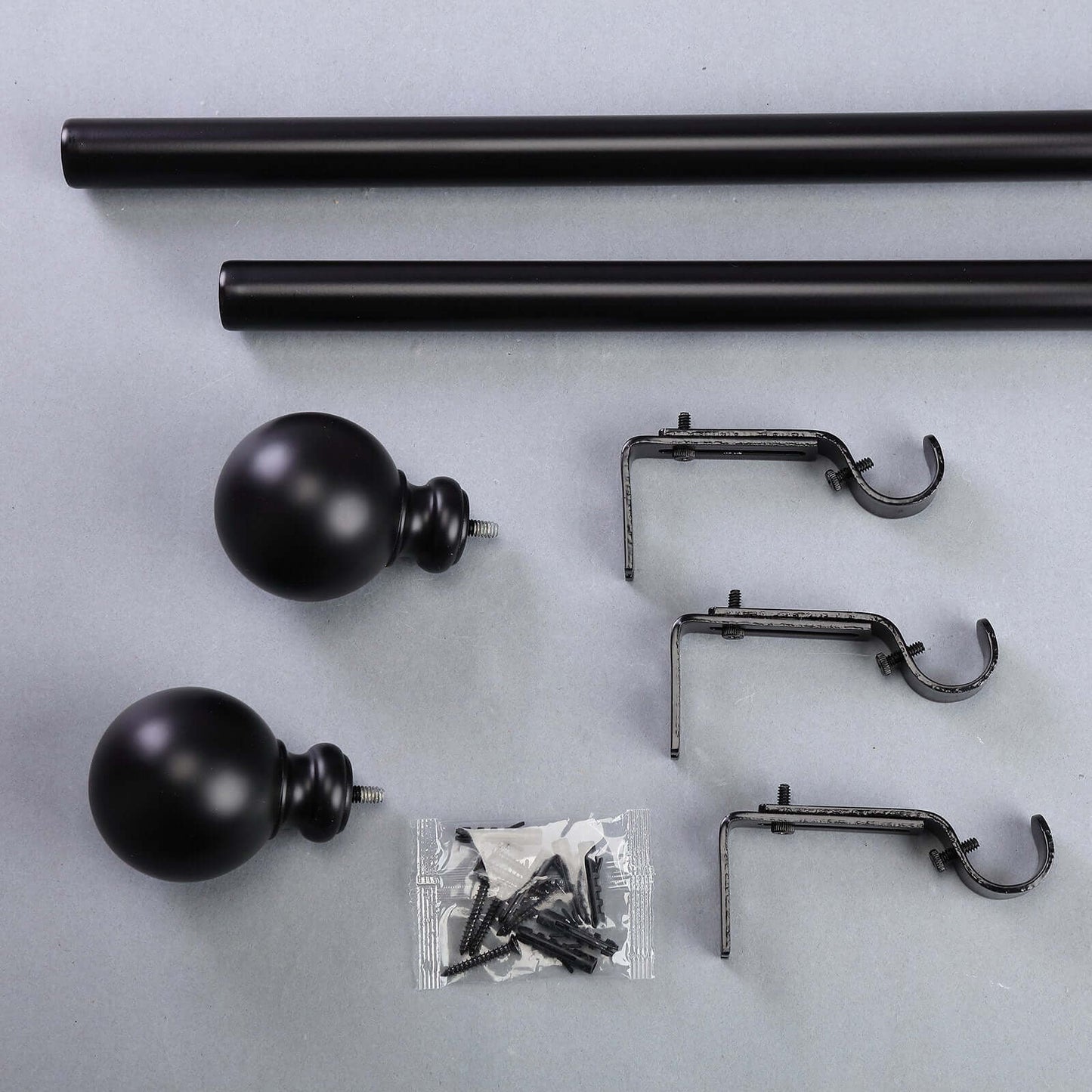 42" - 126" Adjustable Curtain Rod Sets, Black, Round Finials - Linen Luxes