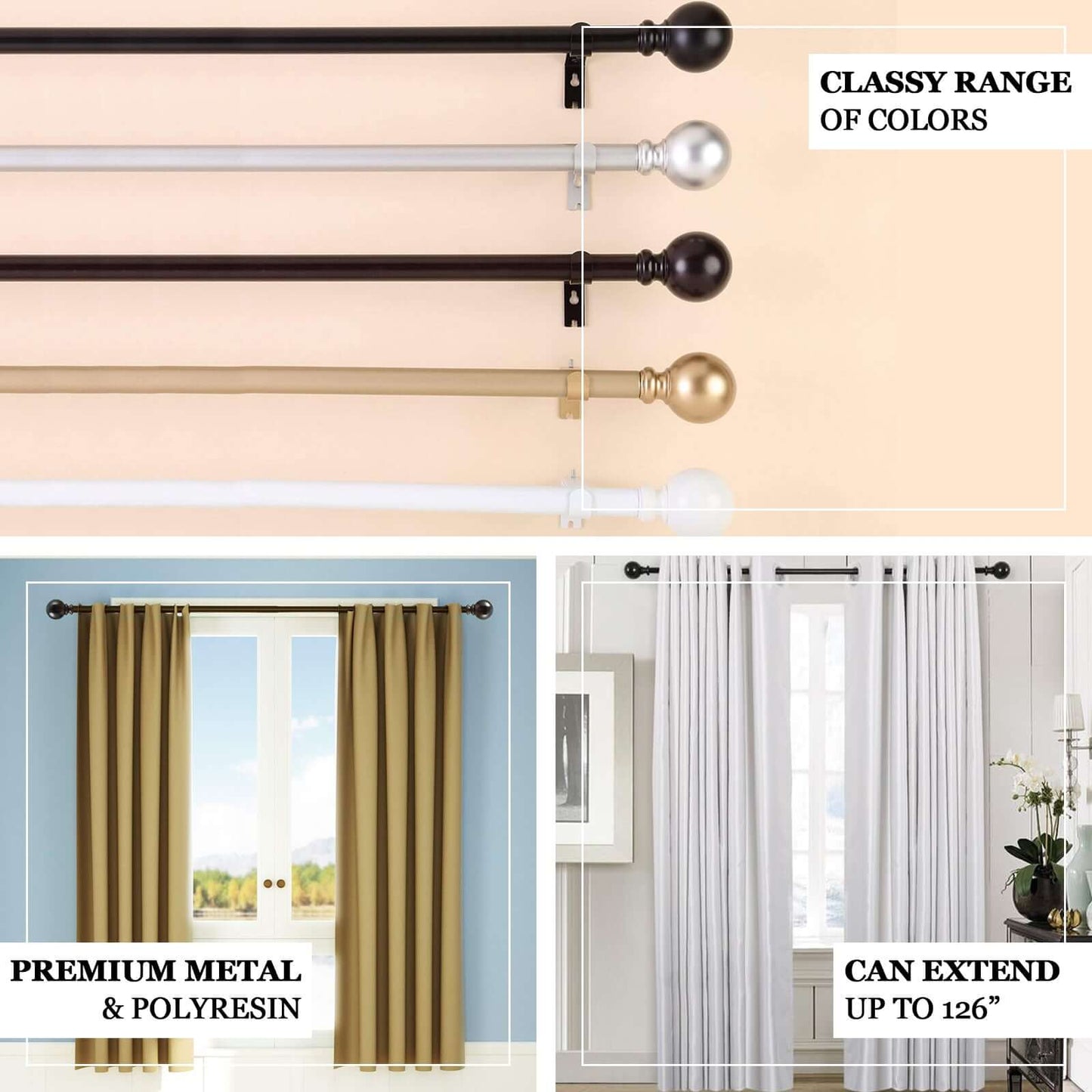 42" - 126" Adjustable Curtain Rod Sets, Black, Round Finials - Linen Luxes