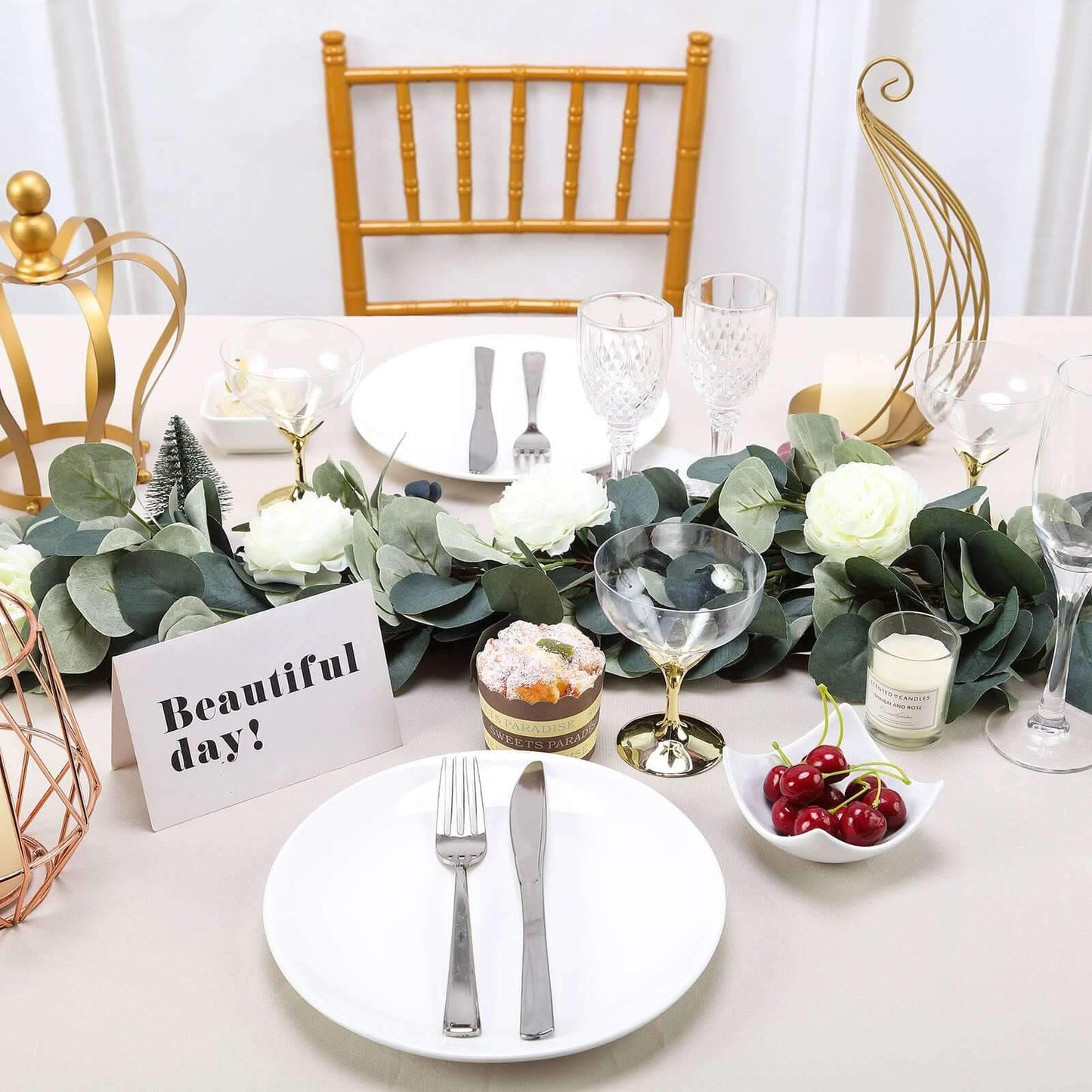 42" Green Artificial Eucalyptus Leaf, Ranunculus Flower Garland Vine - Linen Luxes