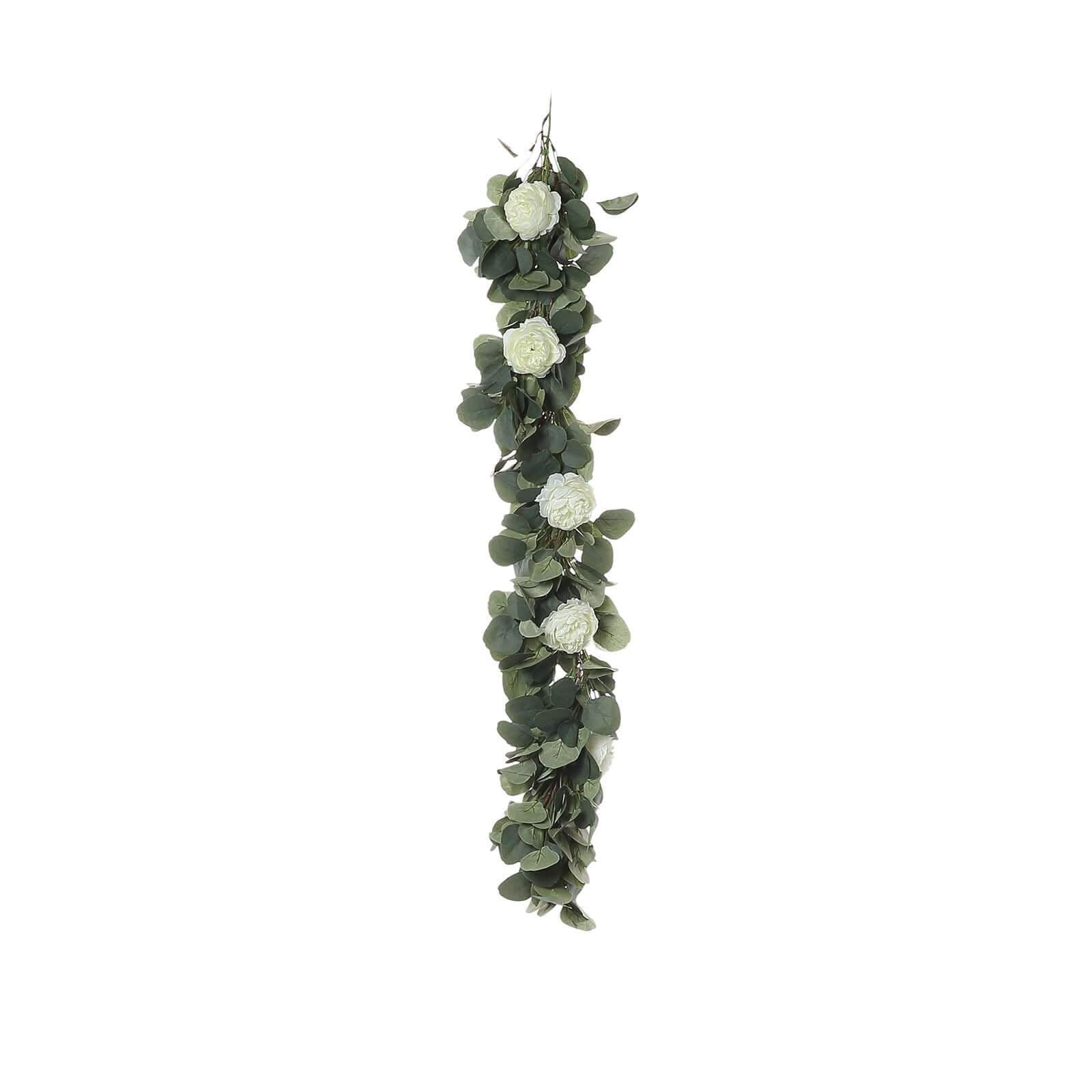 42" Green Artificial Eucalyptus Leaf, Ranunculus Flower Garland Vine - Linen Luxes