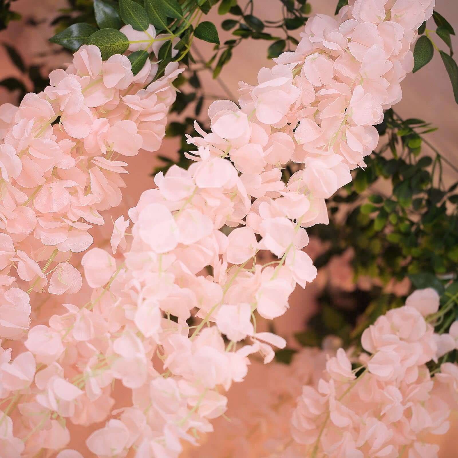 42" Silk Hanging Wisteria Flower Garland Vines in Blush, Elaborated 5 Full Strands in 1 Bush - Linen Luxes