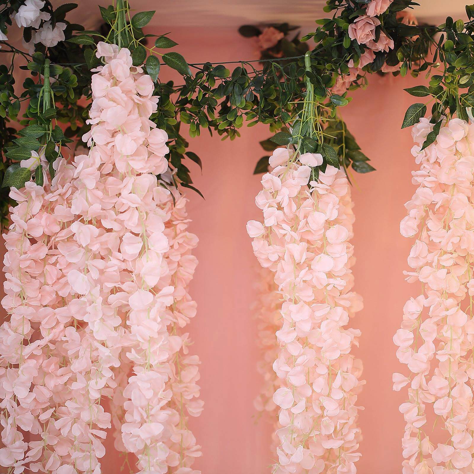 42" Silk Hanging Wisteria Flower Garland Vines in Blush, Elaborated 5 Full Strands in 1 Bush - Linen Luxes