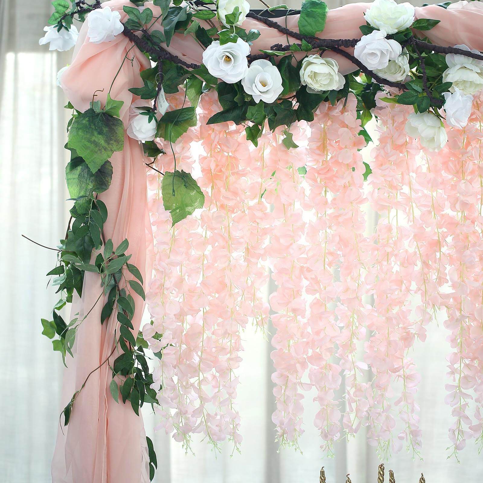 42" Silk Hanging Wisteria Flower Garland Vines in Blush, Elaborated 5 Full Strands in 1 Bush - Linen Luxes