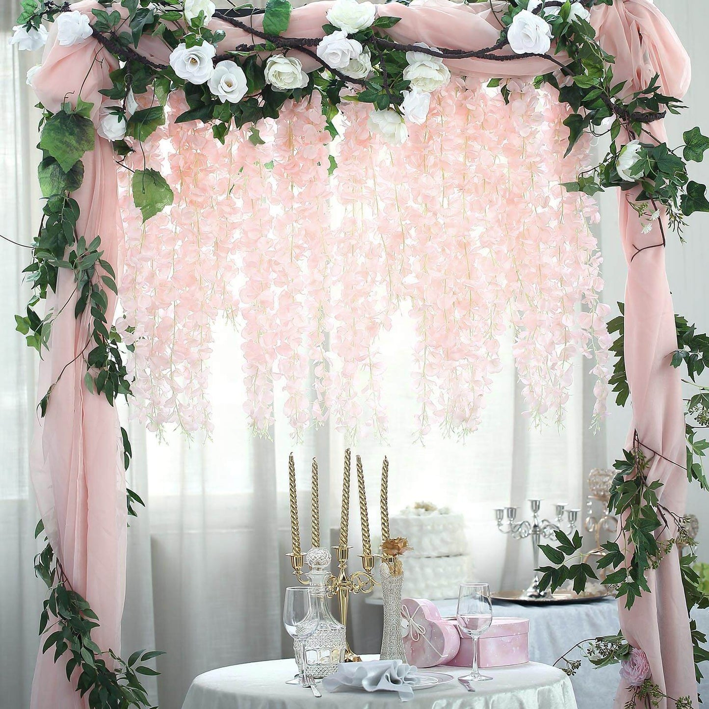 42" Silk Hanging Wisteria Flower Garland Vines in Blush, Elaborated 5 Full Strands in 1 Bush - Linen Luxes