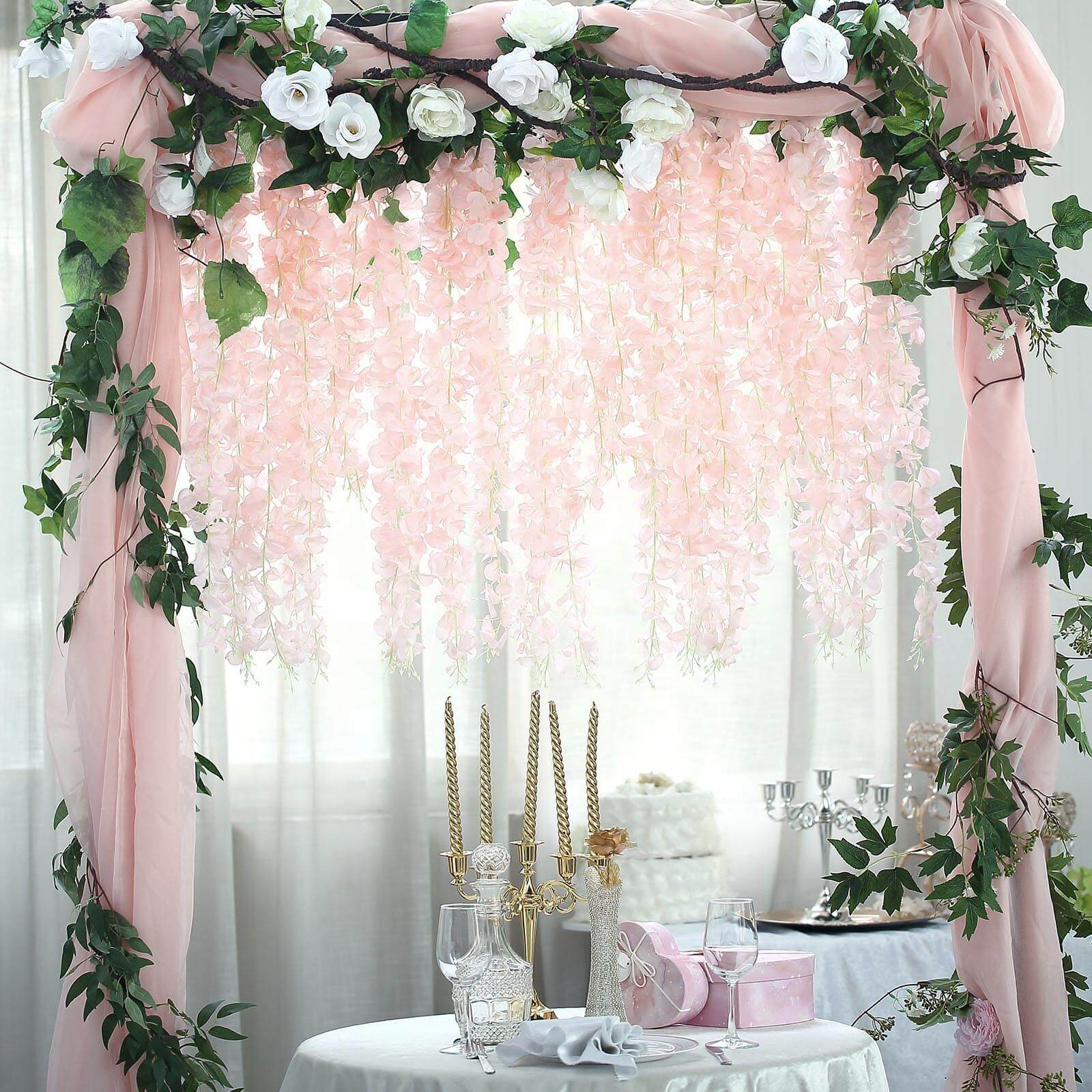 42" Silk Hanging Wisteria Flower Garland Vines in Blush, Elaborated 5 Full Strands in 1 Bush - Linen Luxes
