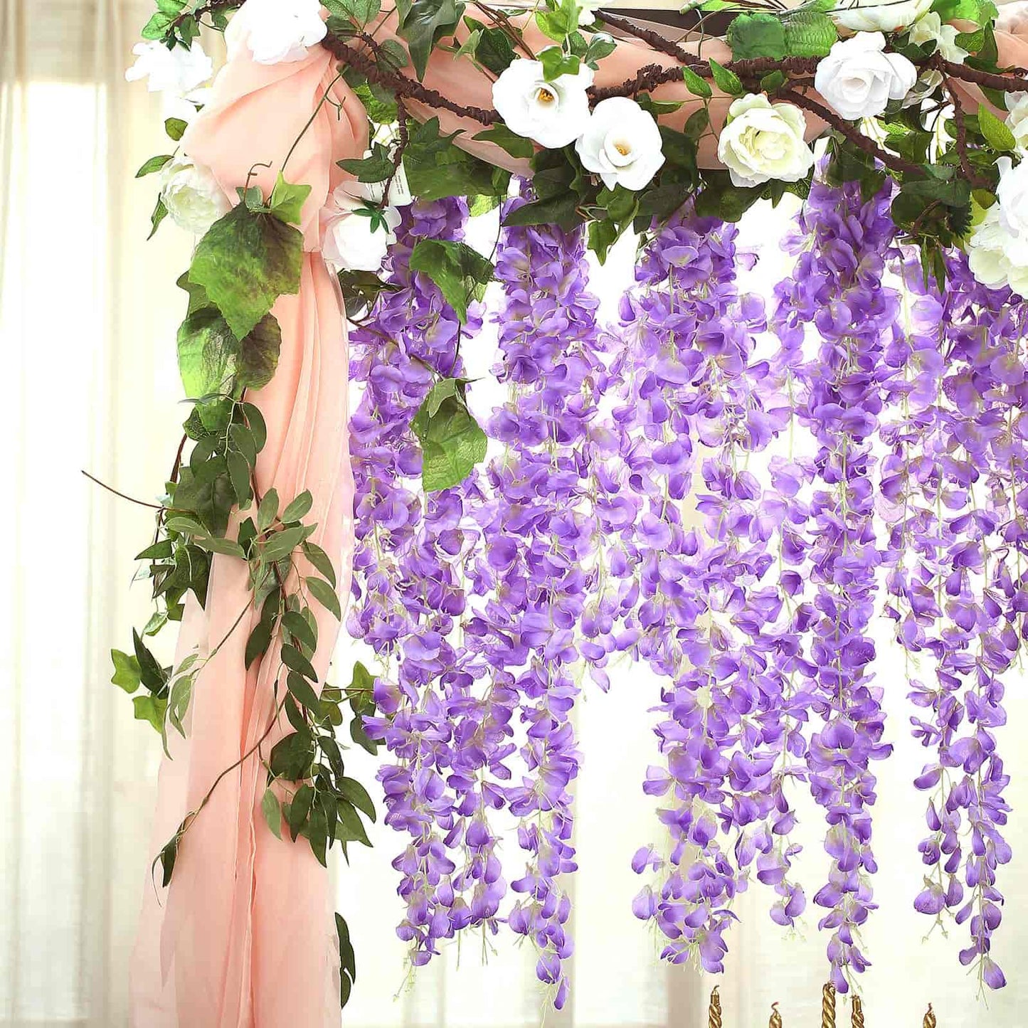 42" Silk Hanging Wisteria Flower Garland Vines in Lavender Lilac, Elaborated 5 Full Strands in 1 Bush - Linen Luxes