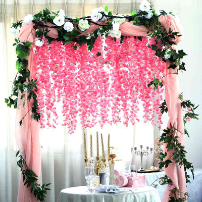 42" Silk Hanging Wisteria Flower Garland Vines in Pink, Elaborated 5 Full Strands in 1 Bush - Linen Luxes