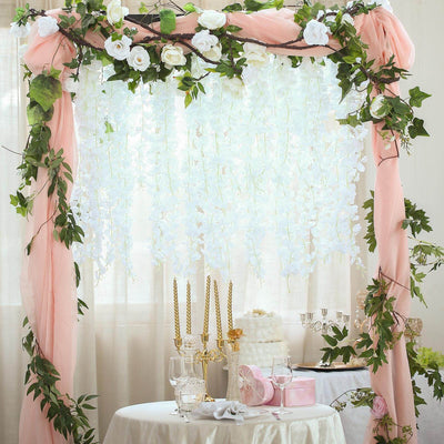 42" Silk Hanging Wisteria Flower Garland Vines in White, Elaborated 5 Full Strands in 1 Bush - Linen Luxes