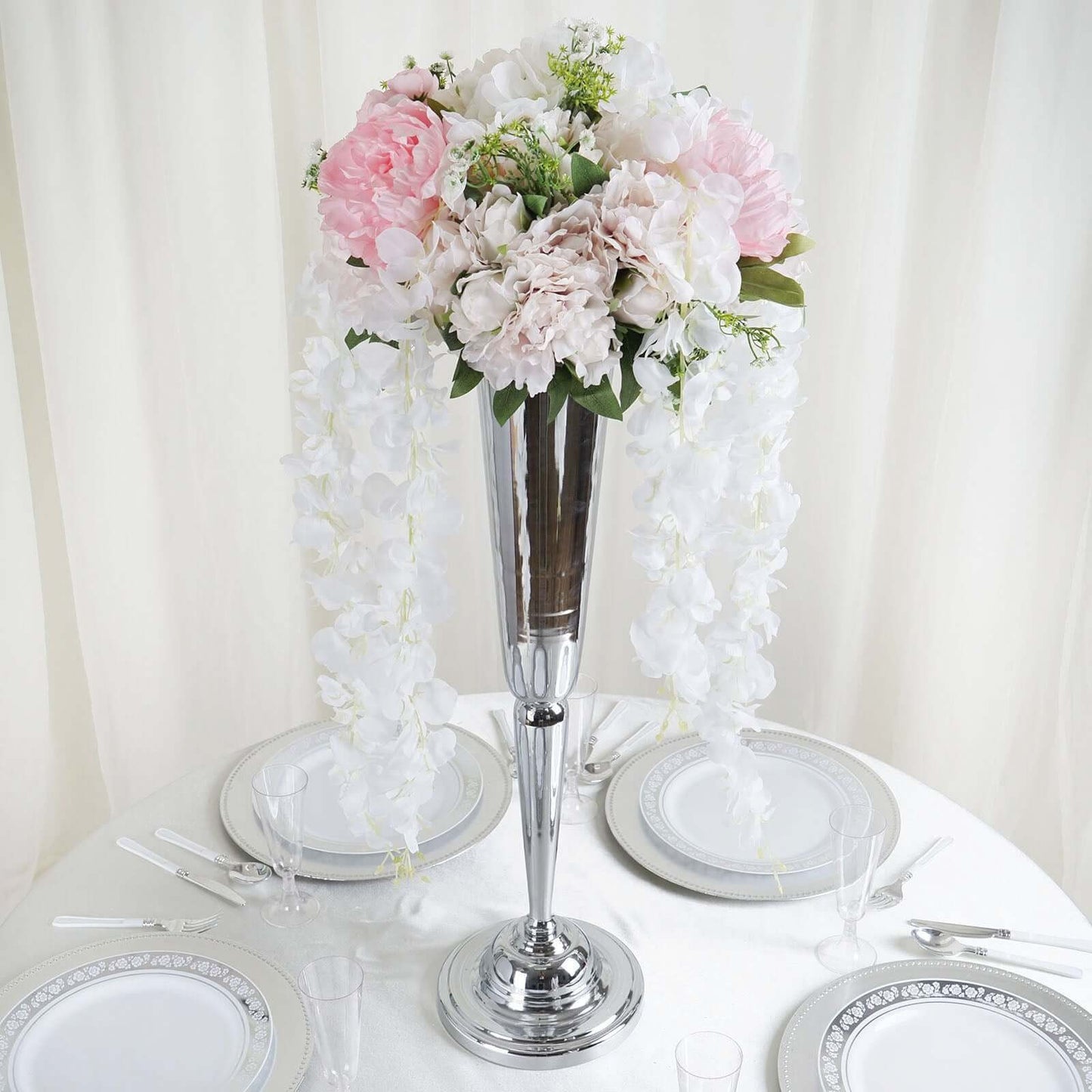 42" Silk Hanging Wisteria Flower Garland Vines in White, Elaborated 5 Full Strands in 1 Bush - Linen Luxes