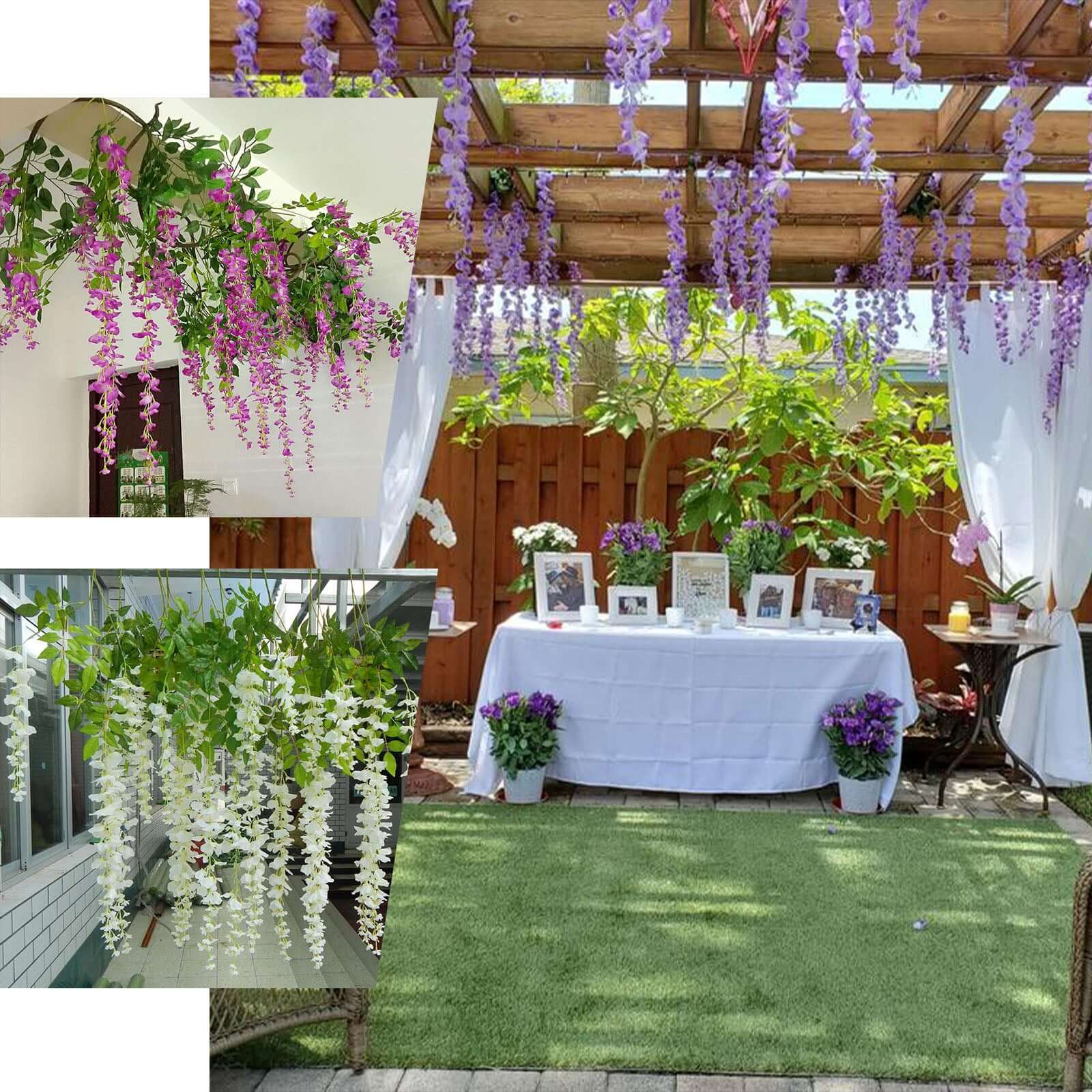 42" Silk Hanging Wisteria Flower Garland Vines in White, Elaborated 5 Full Strands in 1 Bush - Linen Luxes
