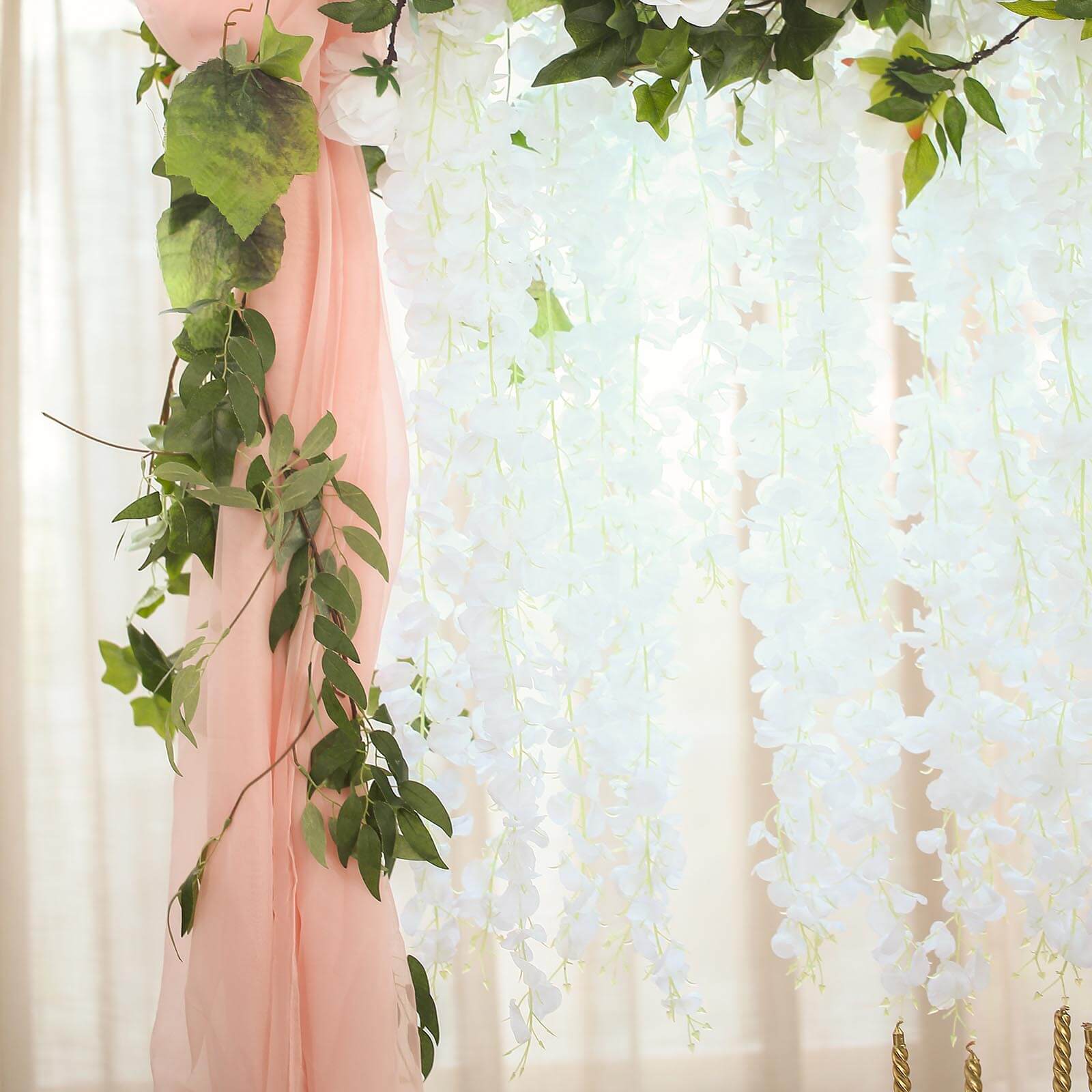 42" Silk Hanging Wisteria Flower Garland Vines in White, Elaborated 5 Full Strands in 1 Bush - Linen Luxes