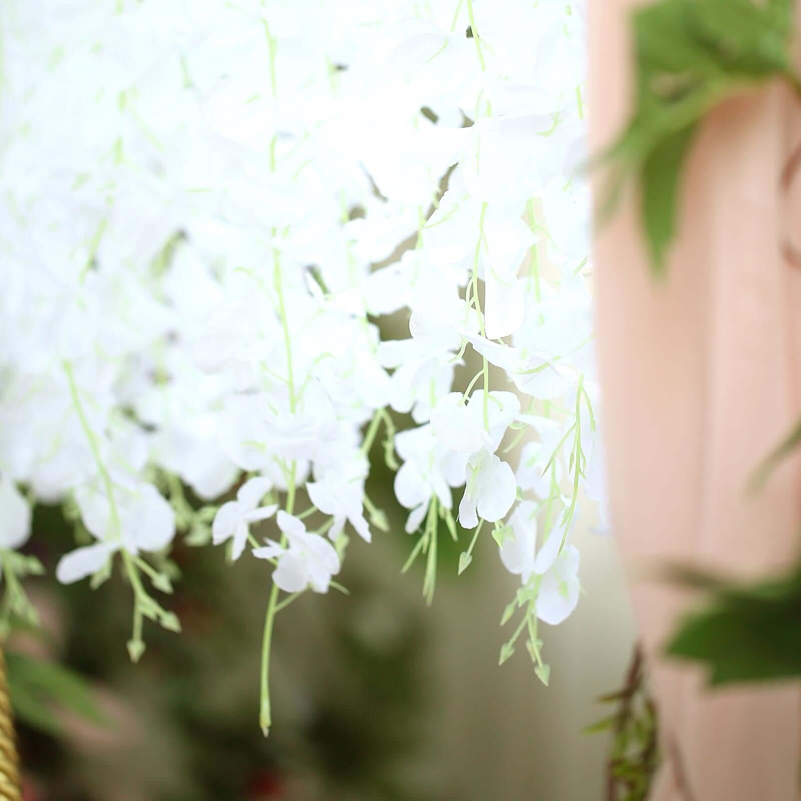 42" Silk Hanging Wisteria Flower Garland Vines in White, Elaborated 5 Full Strands in 1 Bush - Linen Luxes