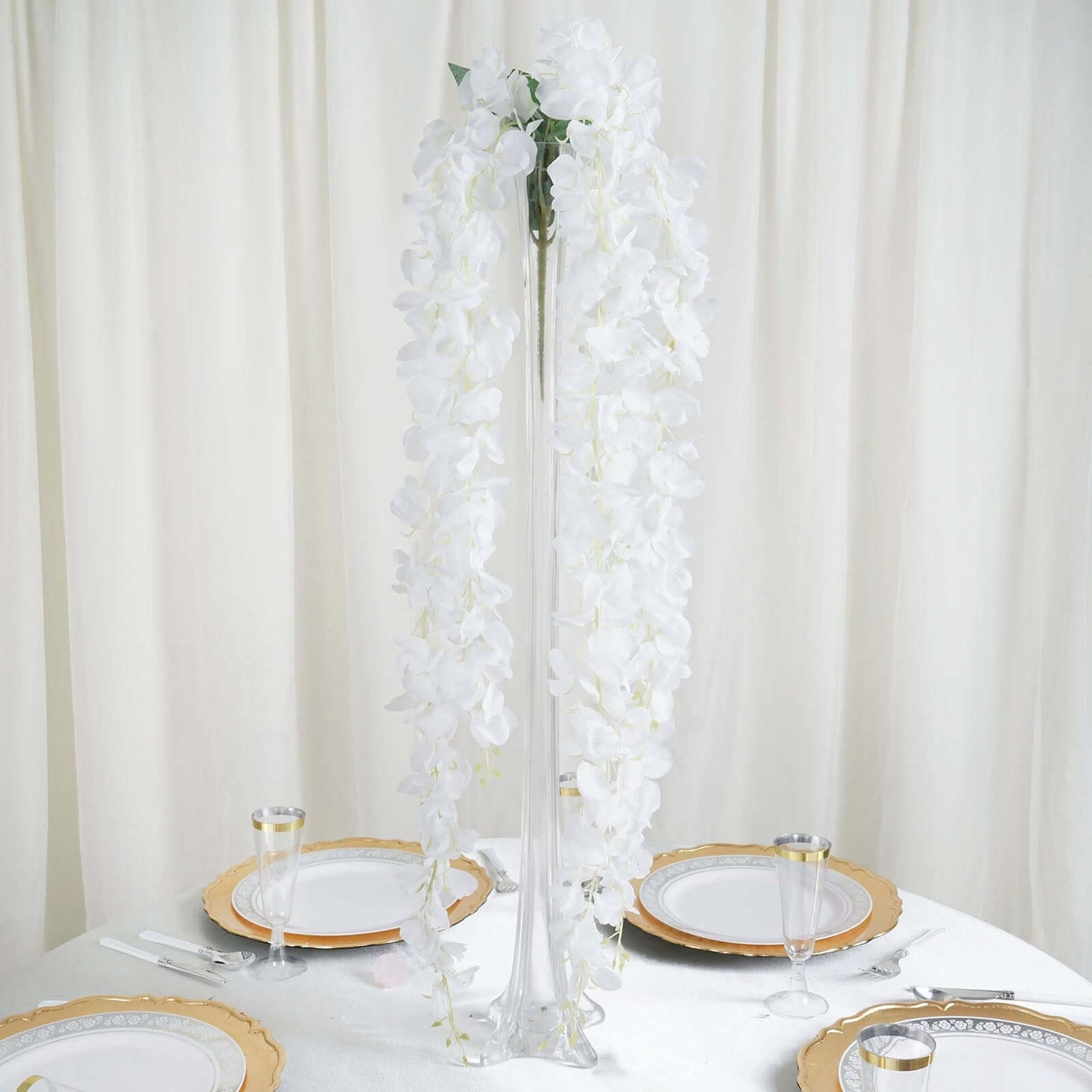 42" Silk Hanging Wisteria Flower Garland Vines in White, Elaborated 5 Full Strands in 1 Bush - Linen Luxes
