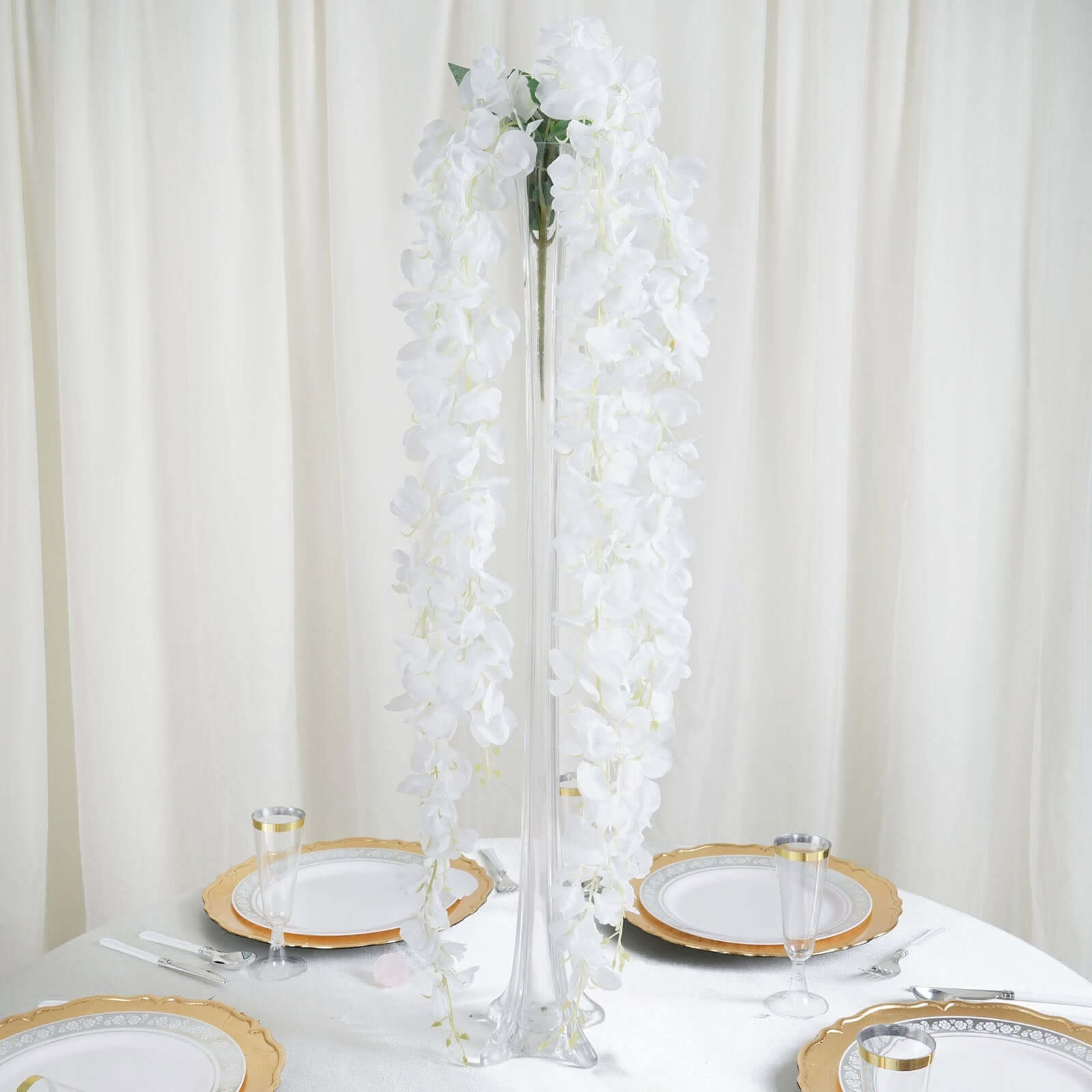 42" Silk Hanging Wisteria Flower Garland Vines in White, Elaborated 5 Full Strands in 1 Bush - Linen Luxes
