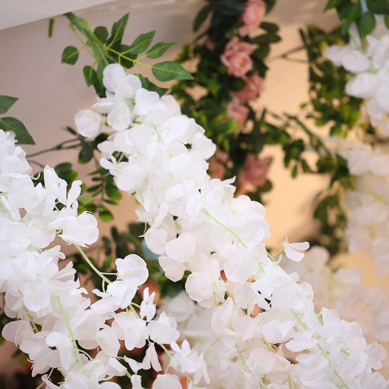 42" Silk Hanging Wisteria Flower Garland Vines in White, Elaborated 5 Full Strands in 1 Bush - Linen Luxes