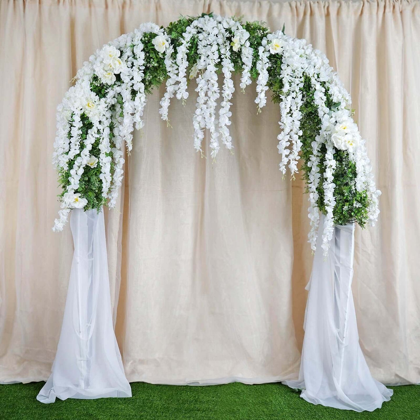 42" Silk Hanging Wisteria Flower Garland Vines in White, Elaborated 5 Full Strands in 1 Bush - Linen Luxes
