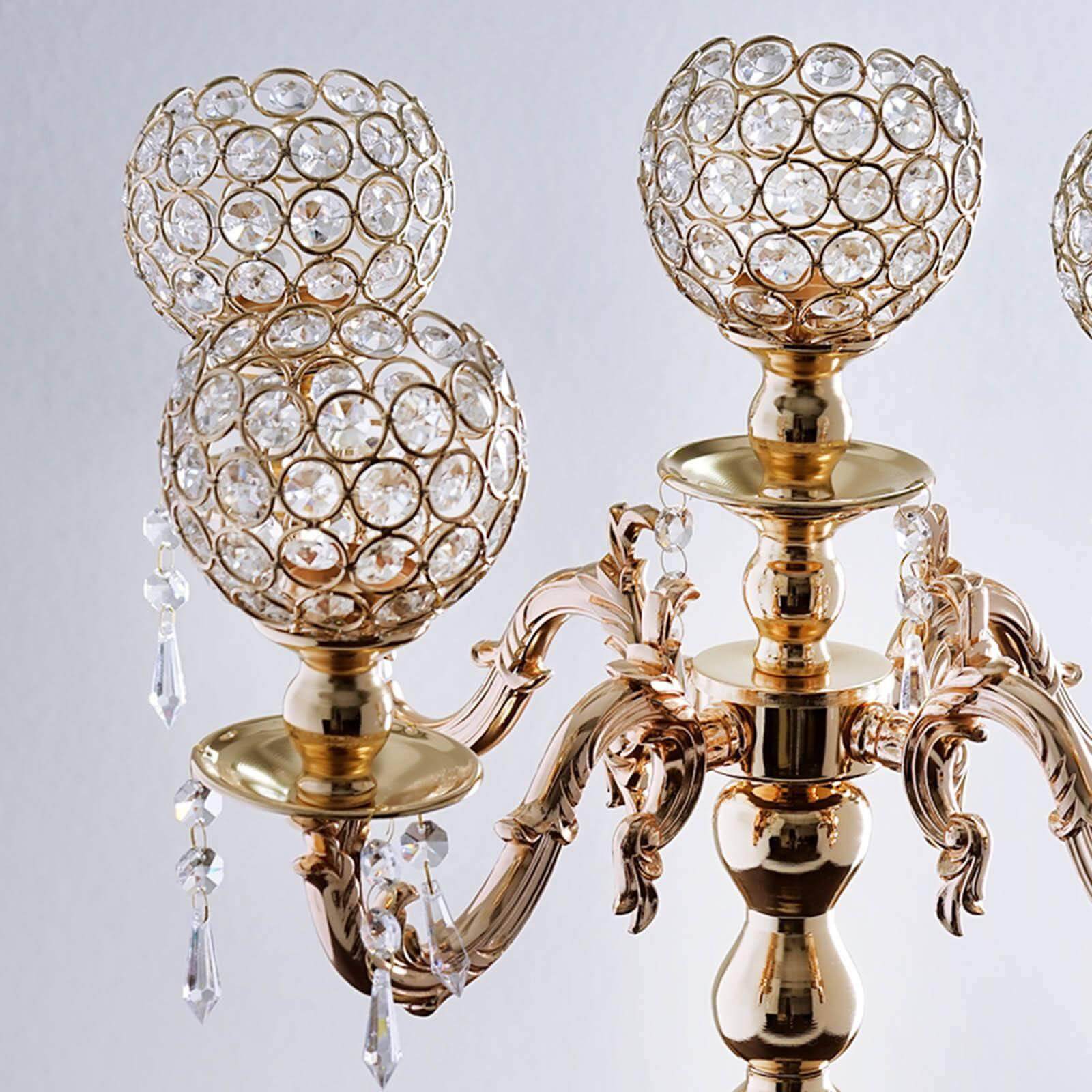 5 - Arm Crystal Beaded Globe Candelabra Gold Metal - Chic Candle Holder Table Centerpiece for Gatherings 25" - Linen Luxes
