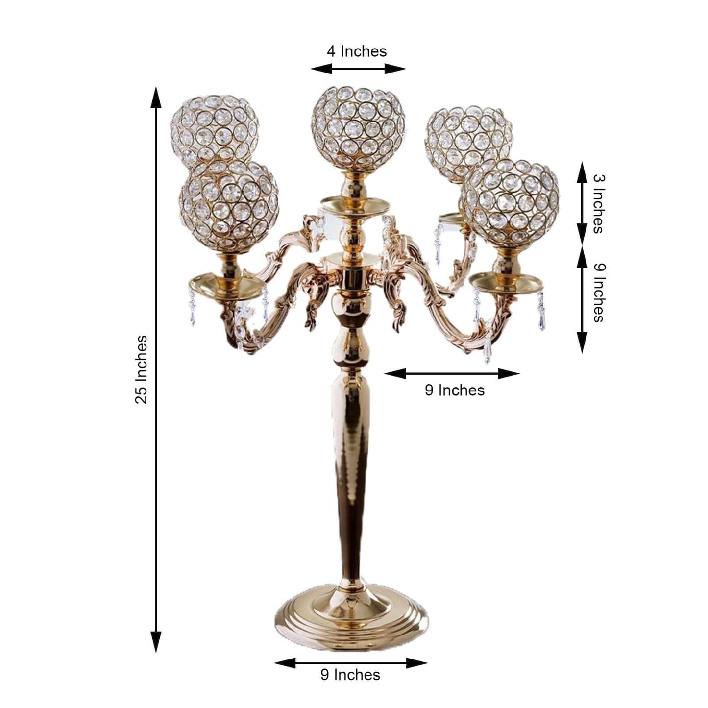 5 - Arm Crystal Beaded Globe Candelabra Gold Metal - Chic Candle Holder Table Centerpiece for Gatherings 25" - Linen Luxes