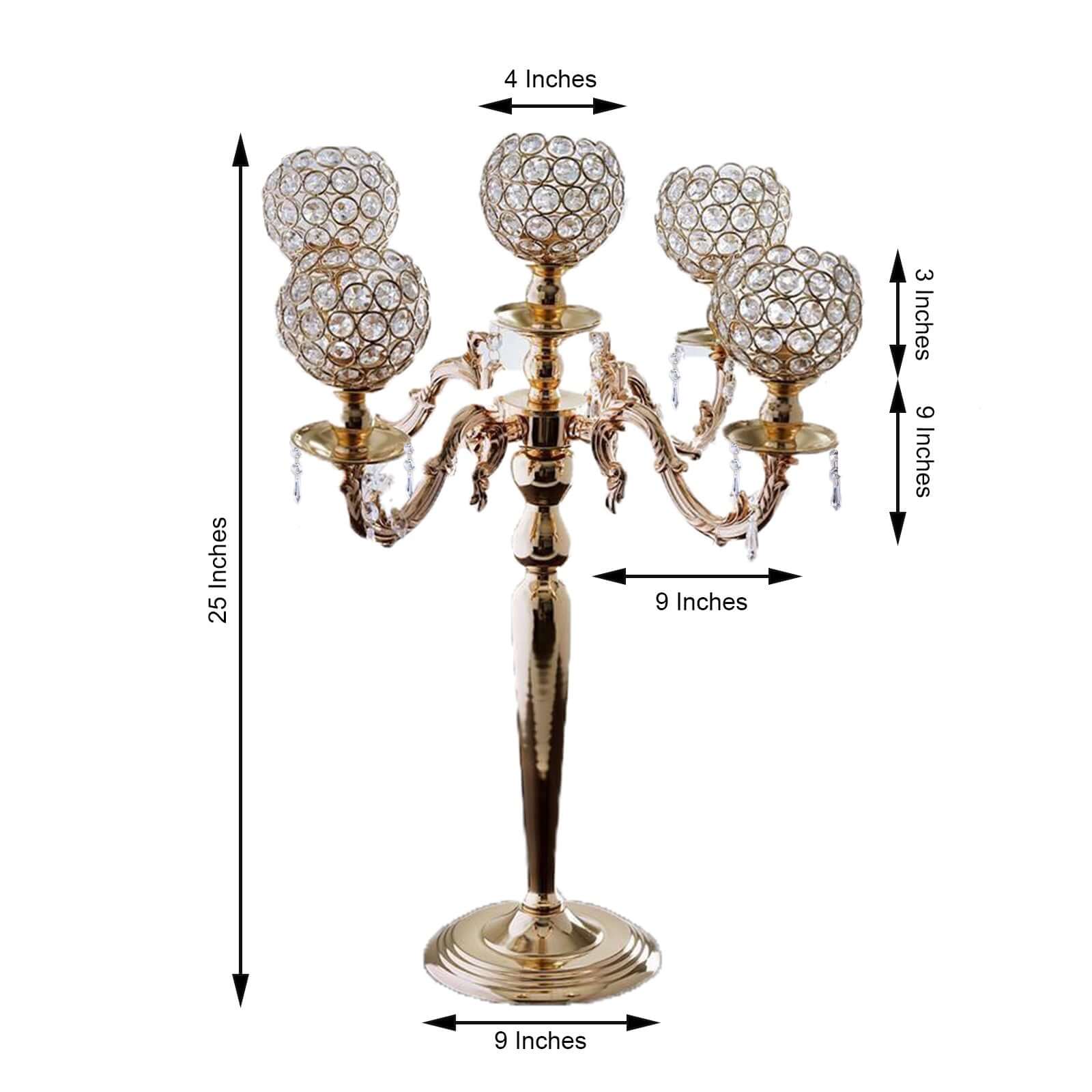5 - Arm Crystal Beaded Globe Candelabra Gold Metal - Chic Candle Holder Table Centerpiece for Gatherings 25" - Linen Luxes