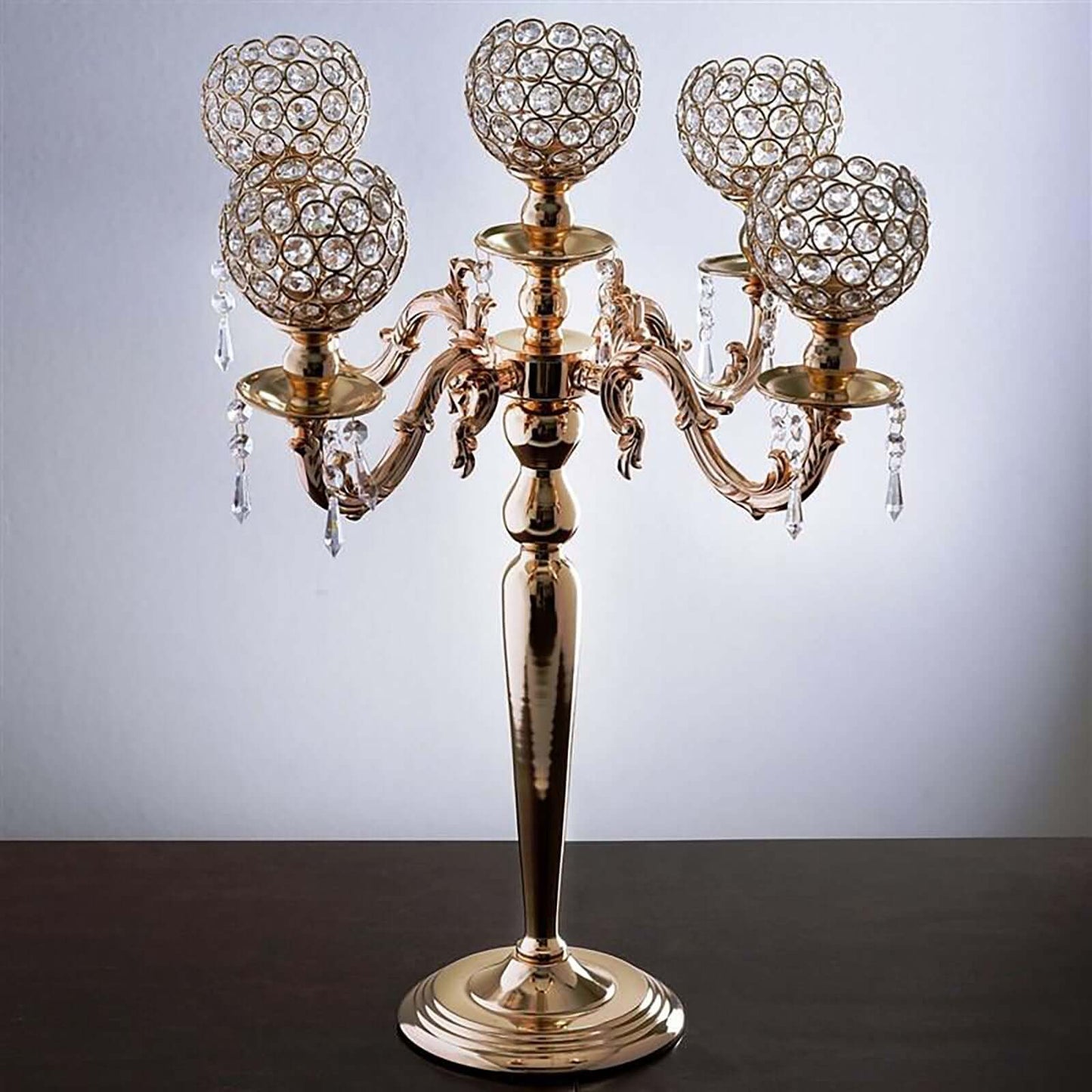 5 - Arm Crystal Beaded Globe Candelabra Gold Metal - Chic Candle Holder Table Centerpiece for Gatherings 25" - Linen Luxes