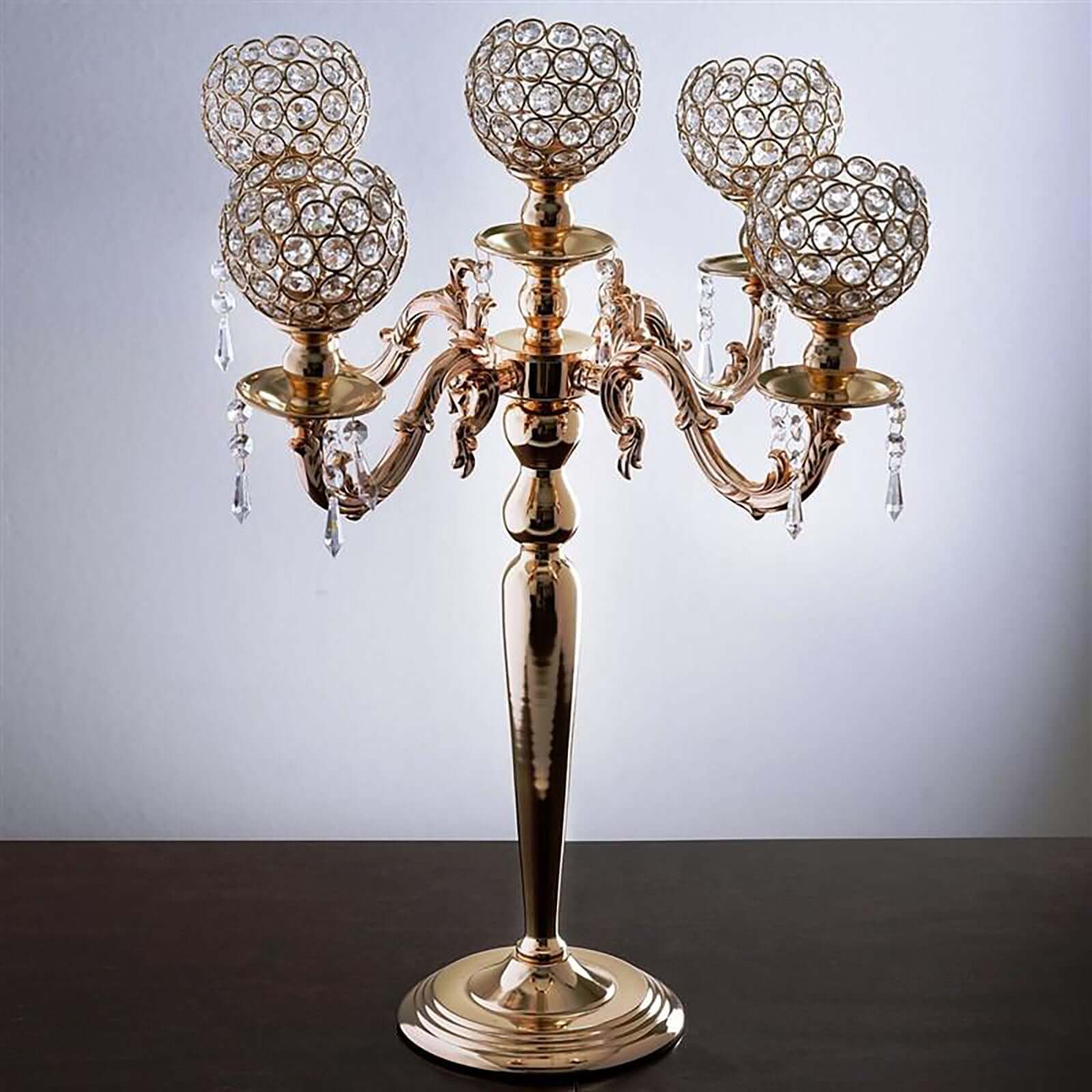 5 - Arm Crystal Beaded Globe Candelabra Gold Metal - Chic Candle Holder Table Centerpiece for Gatherings 25" - Linen Luxes
