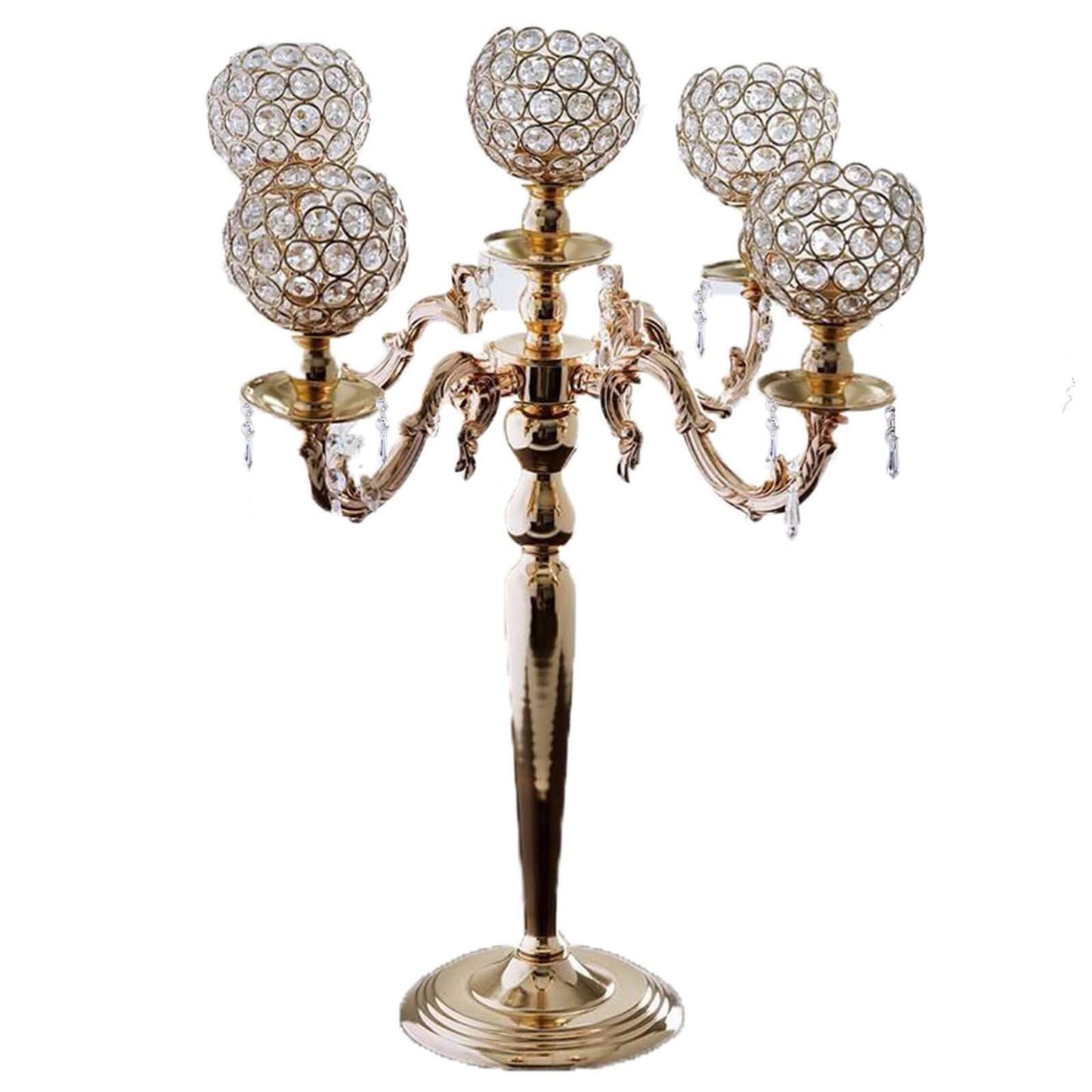 5 - Arm Crystal Beaded Globe Candelabra Gold Metal - Chic Candle Holder Table Centerpiece for Gatherings 25" - Linen Luxes